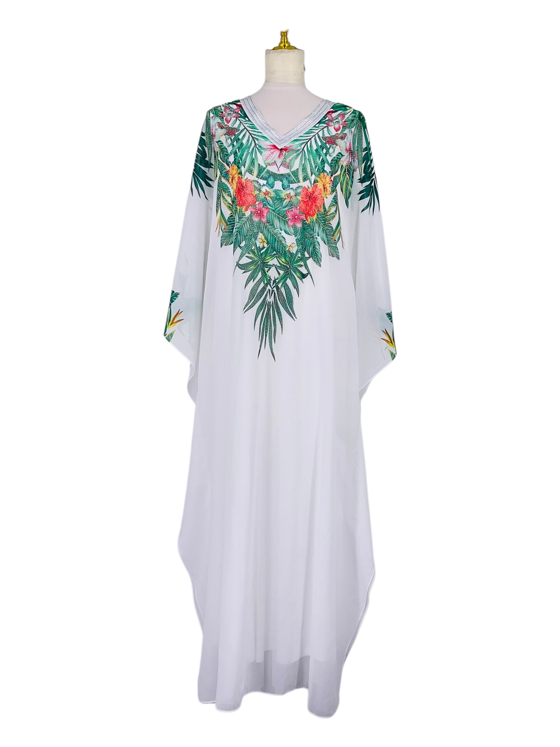 Grossista Sweet Miss - Abaya Ama Ample e Leve Mousseline con strass al colletto e stampa floreale