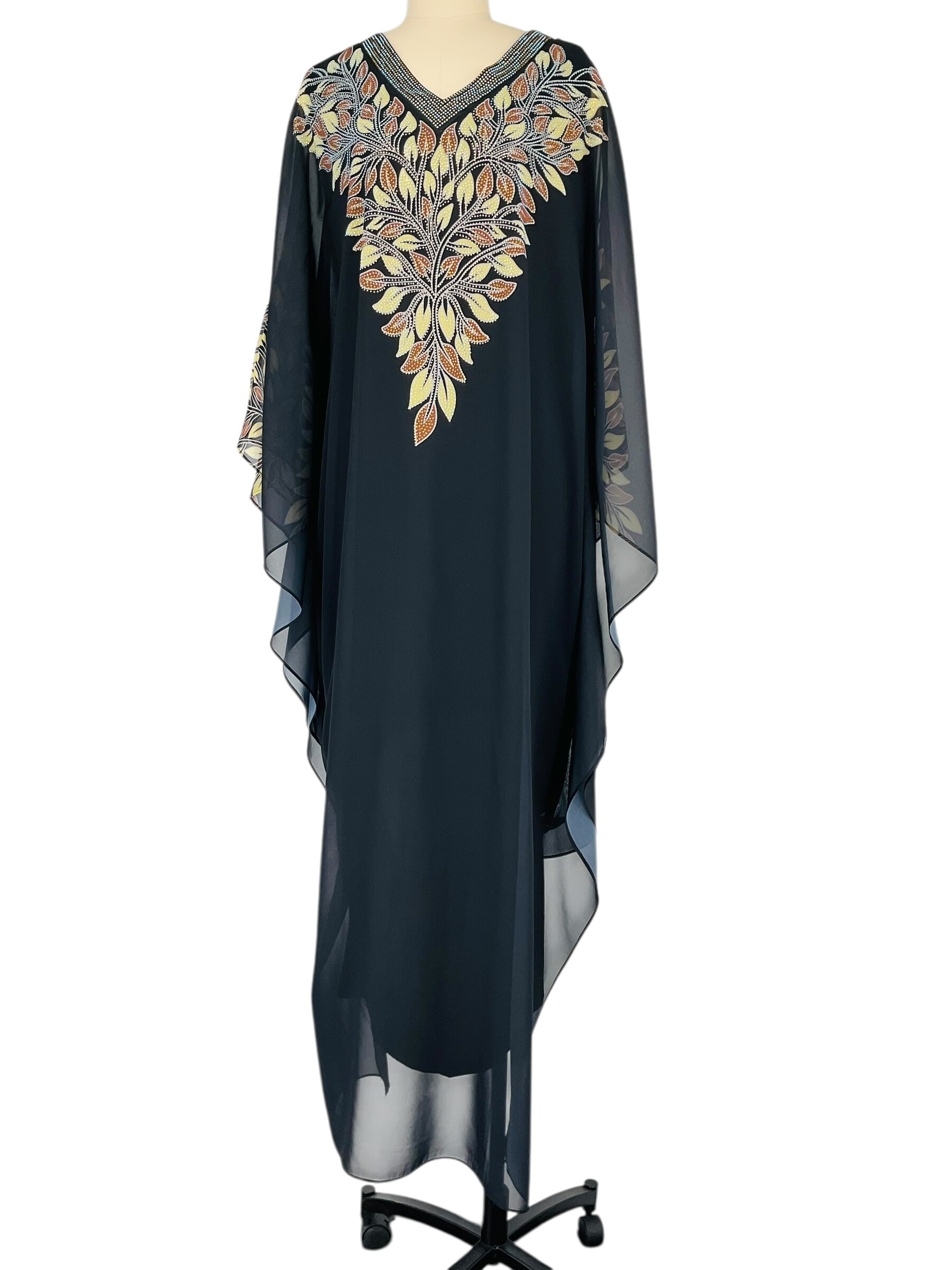 Grossista Sweet Miss - Farfalla Abaya con fogliame stampato intarsiato con strass