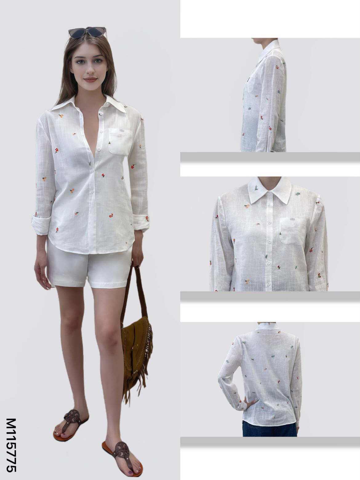 Wholesaler Sweet Miss - Floral embroidery cotton and linen shirt