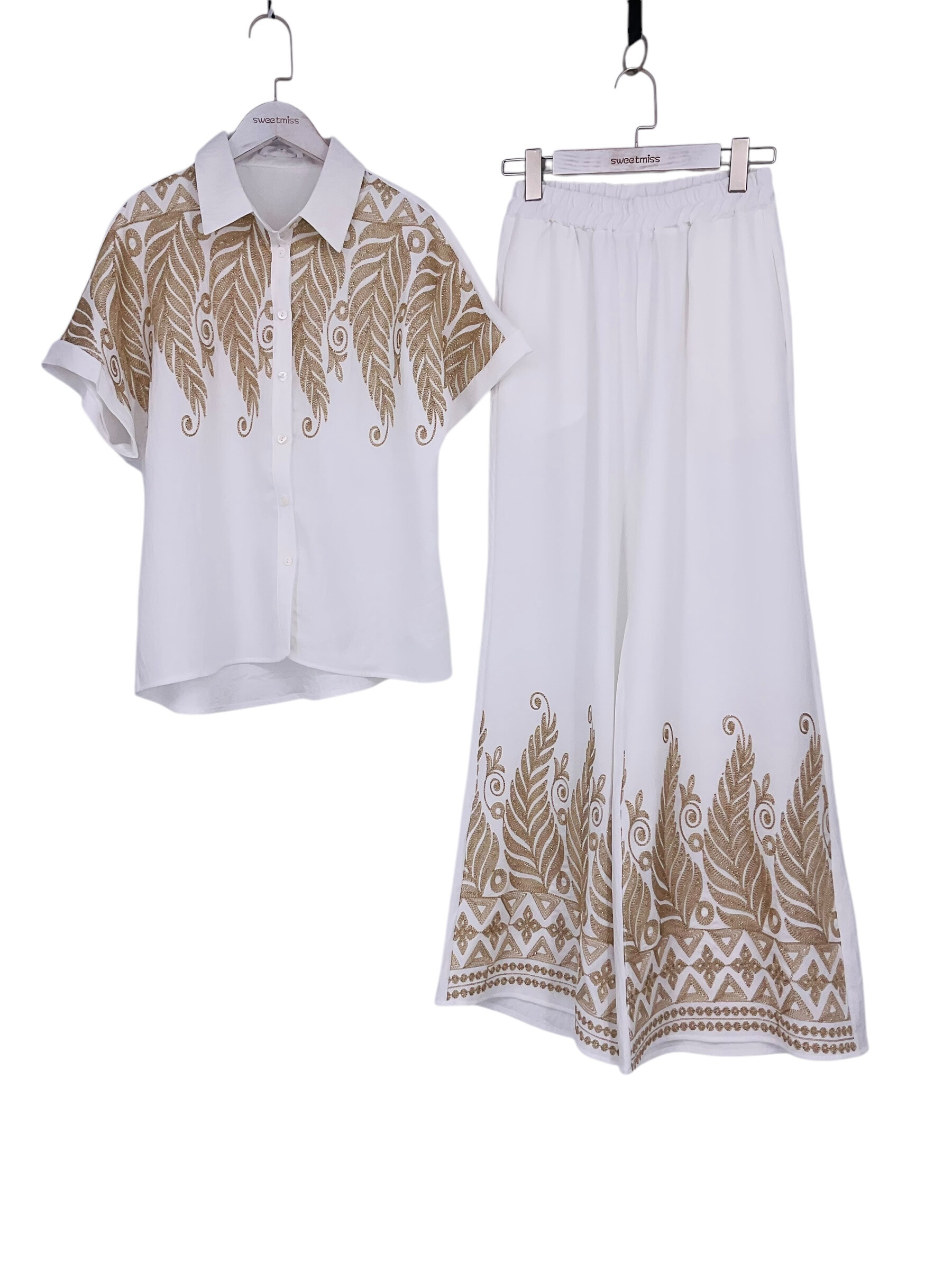 Wholesaler Sweet Miss - Plume pattern shirt and pants set with pockets
