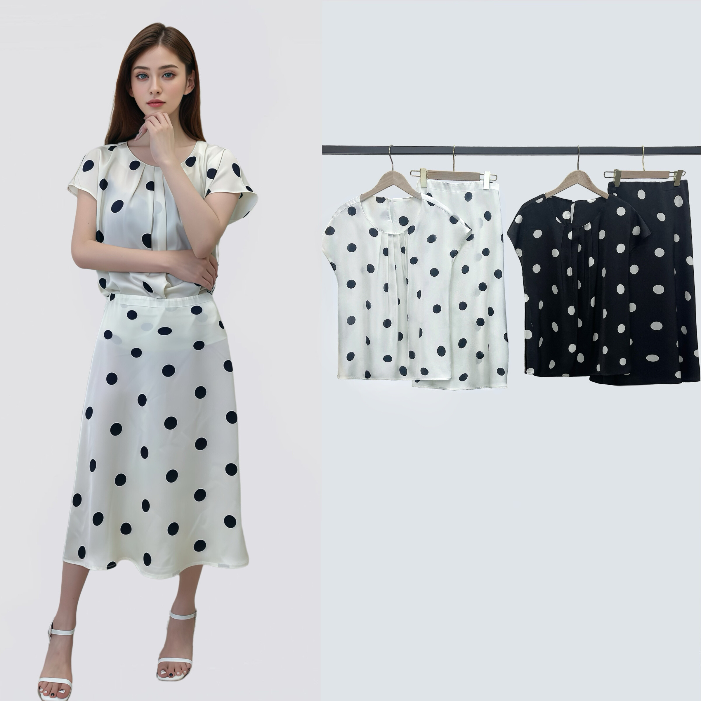 Wholesaler Sweet Miss - T-shirt and satin skirt printed pea