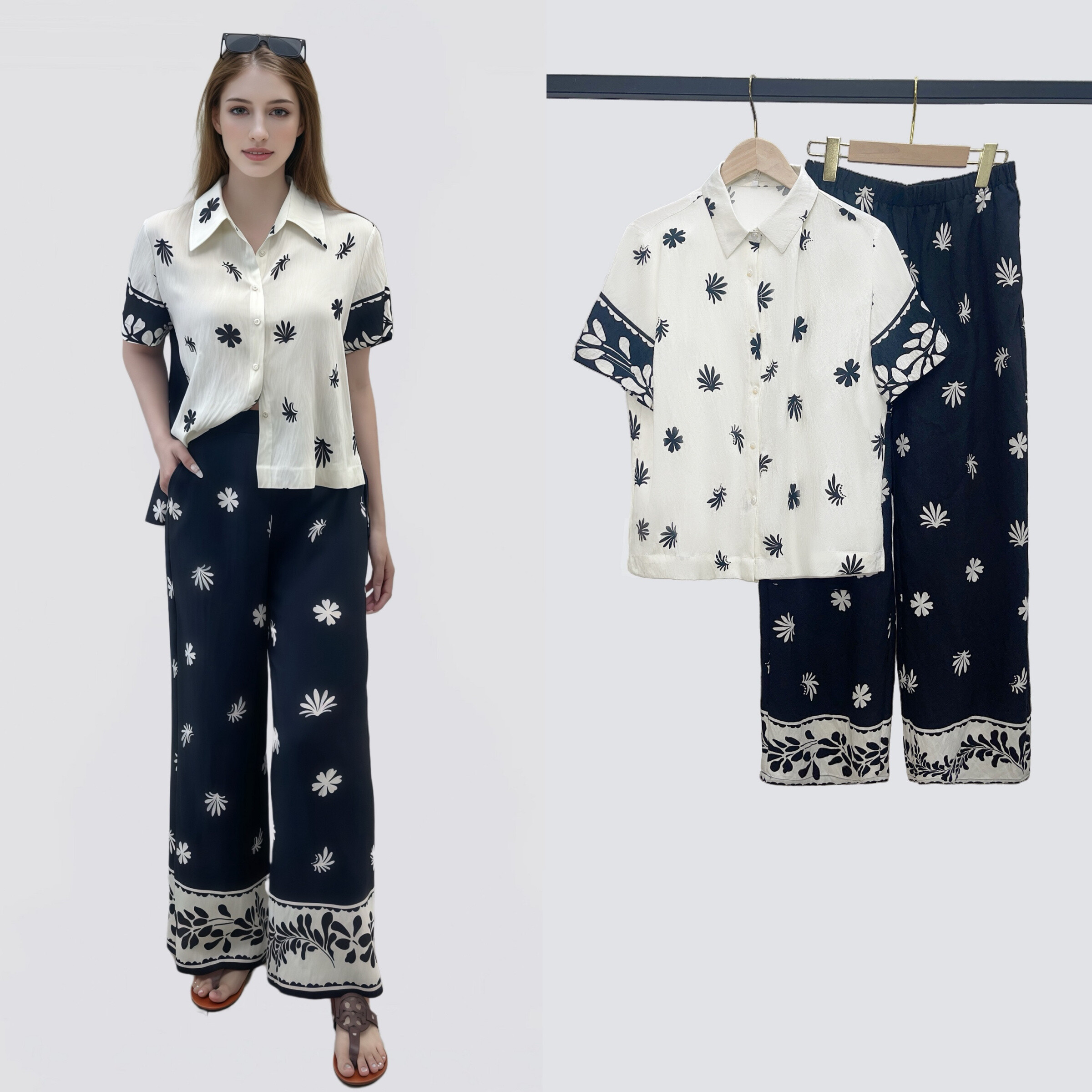 Wholesaler Sweet Miss - Foliage shirt and pants set with pockets