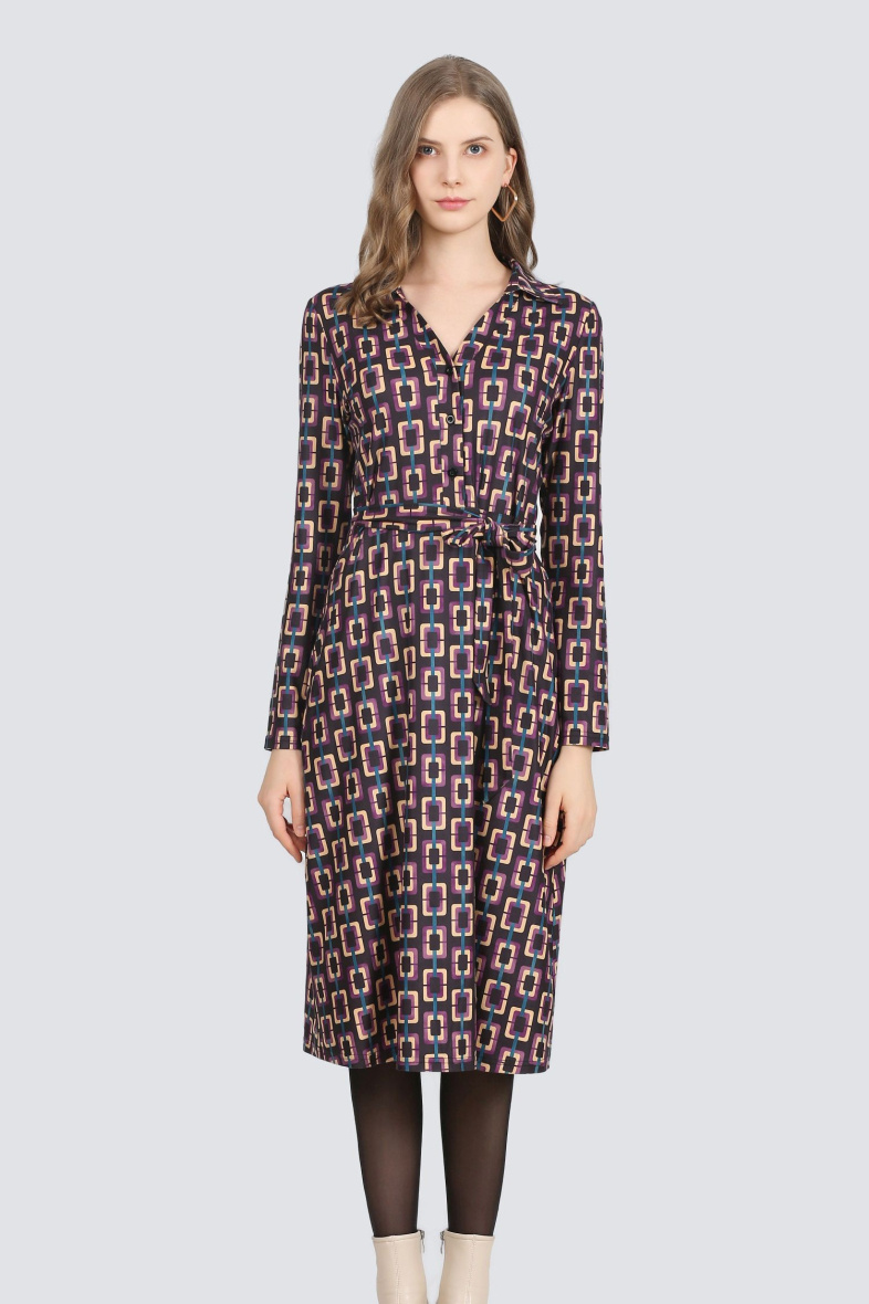 Wholesaler Sweet Miss - Chain print dress with shirt collar and belt