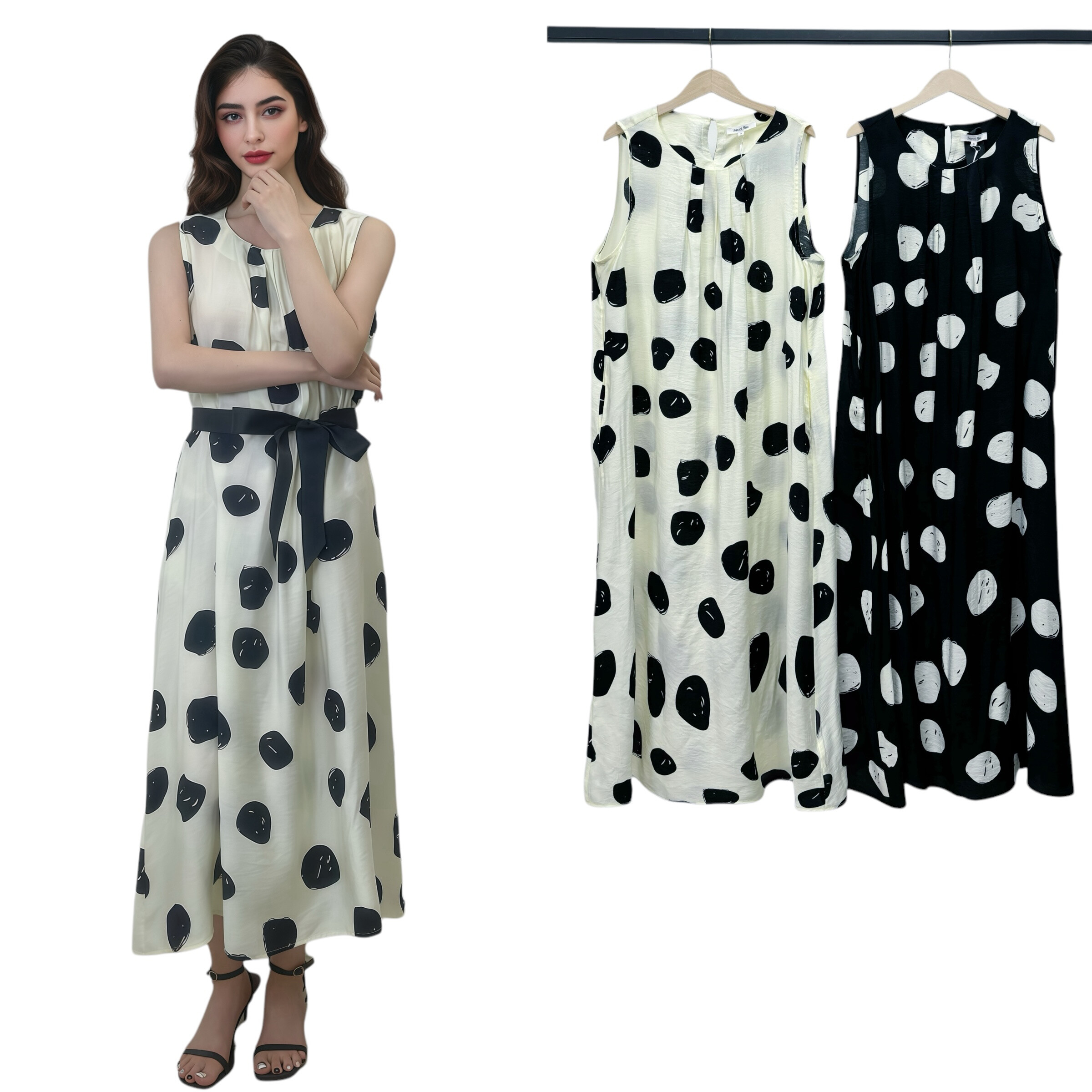 Wholesaler Sweet Miss - Large pea printed collar dress with pockets and fabric belt