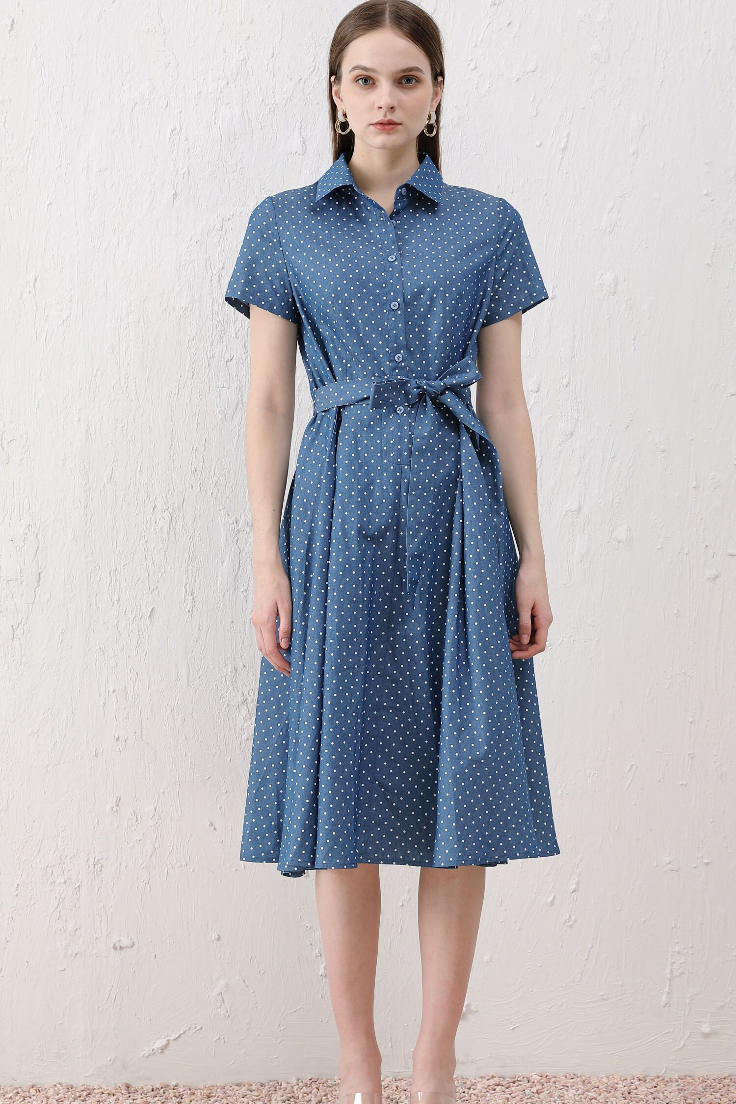 Wholesaler Sweet Miss - Cotton polka dot printed shirt dress with encrusted belt