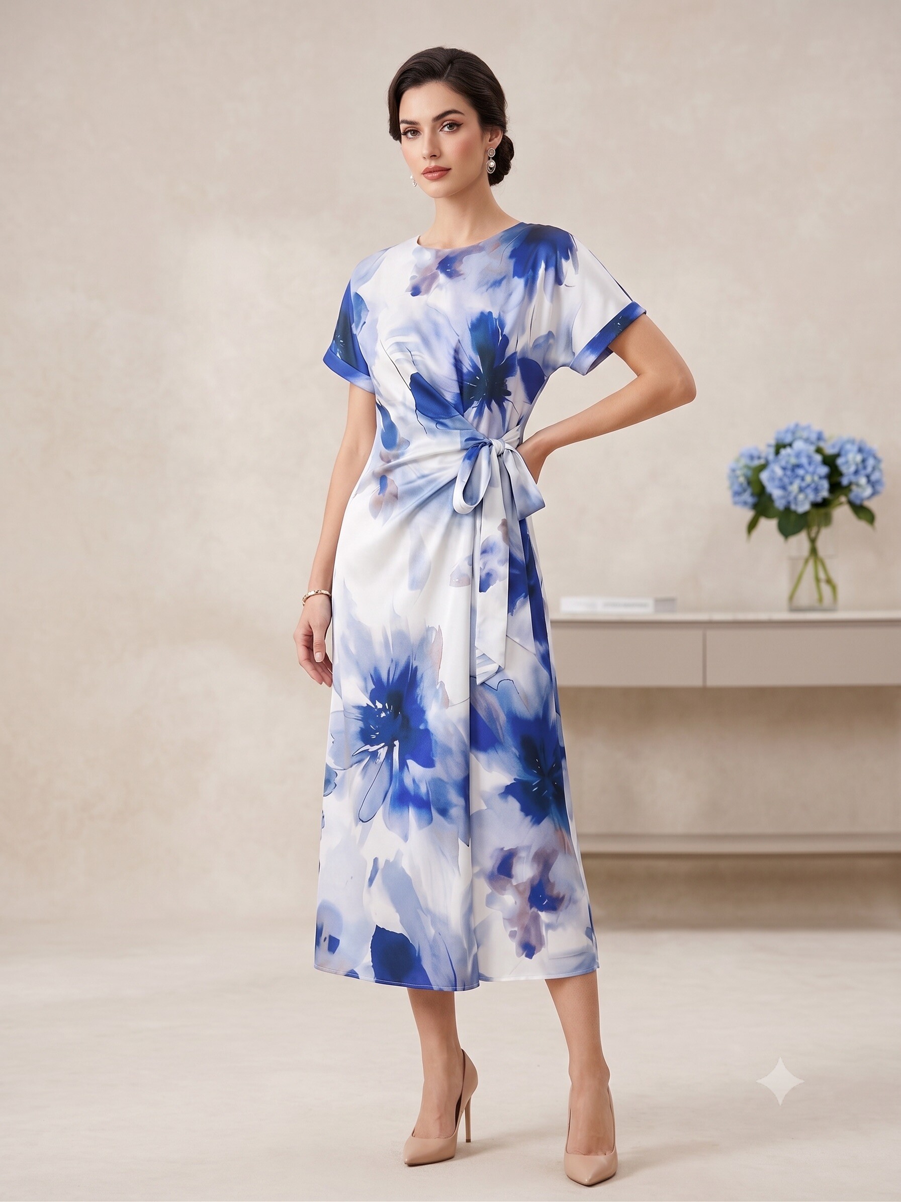 Mayorista Sweet Miss - Vestido midi de satén con estampado floral acuarela y lazo drapeado