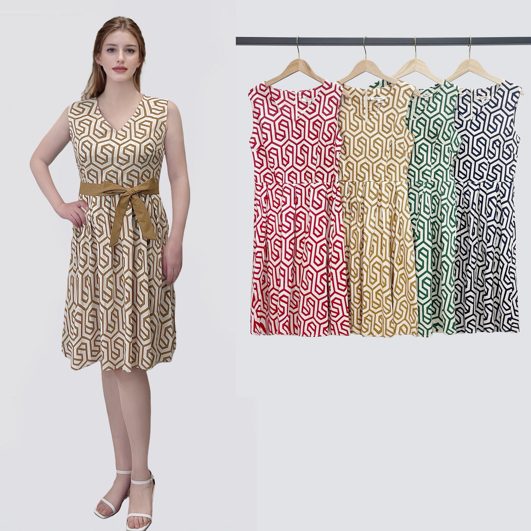 Wholesaler Sweet Miss - Labyrinth printed cotton dress with fabric belt
