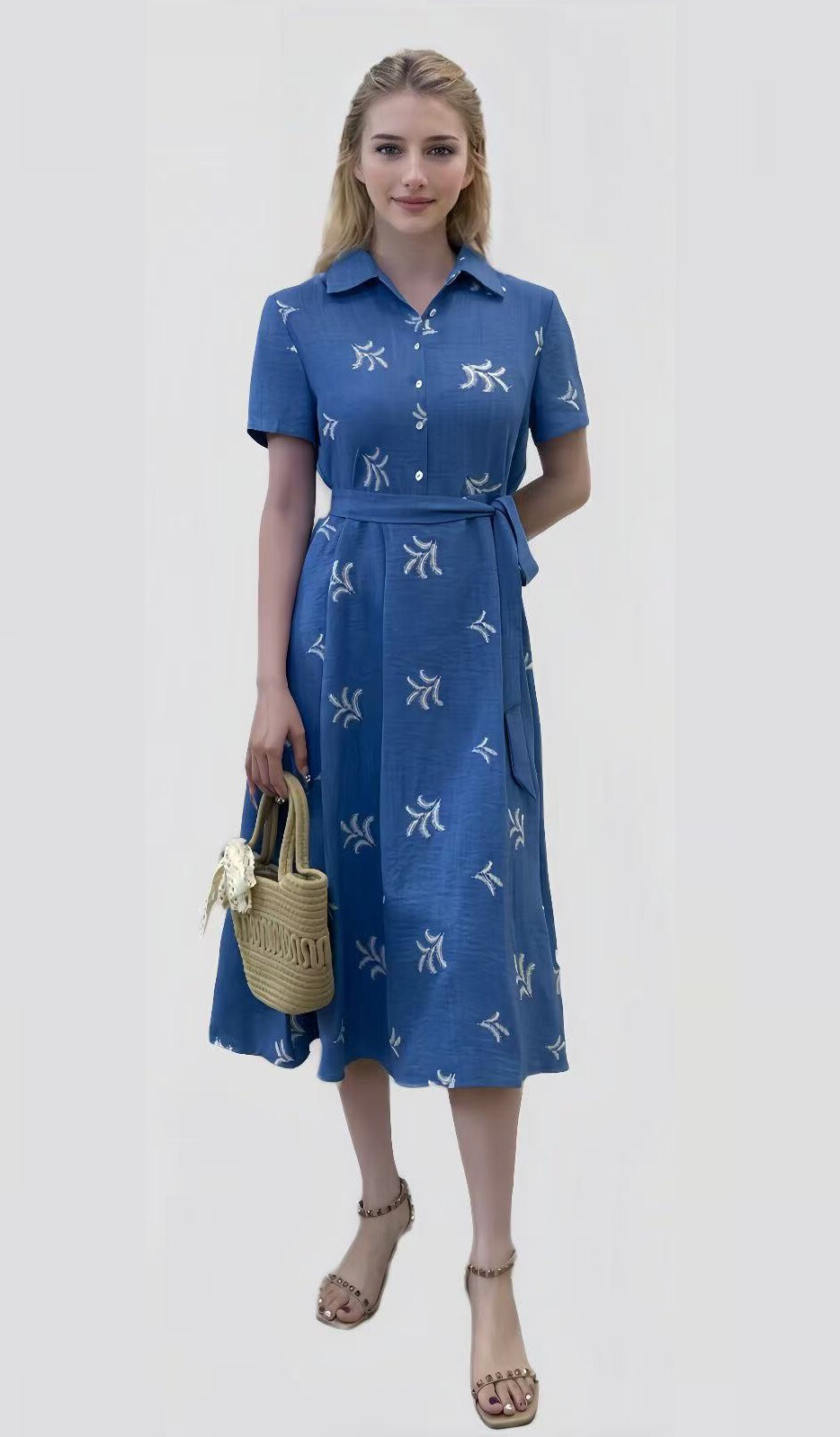 Wholesaler Sweet Miss - Flush cotton dress with feather pattern embroidery and fabric belt