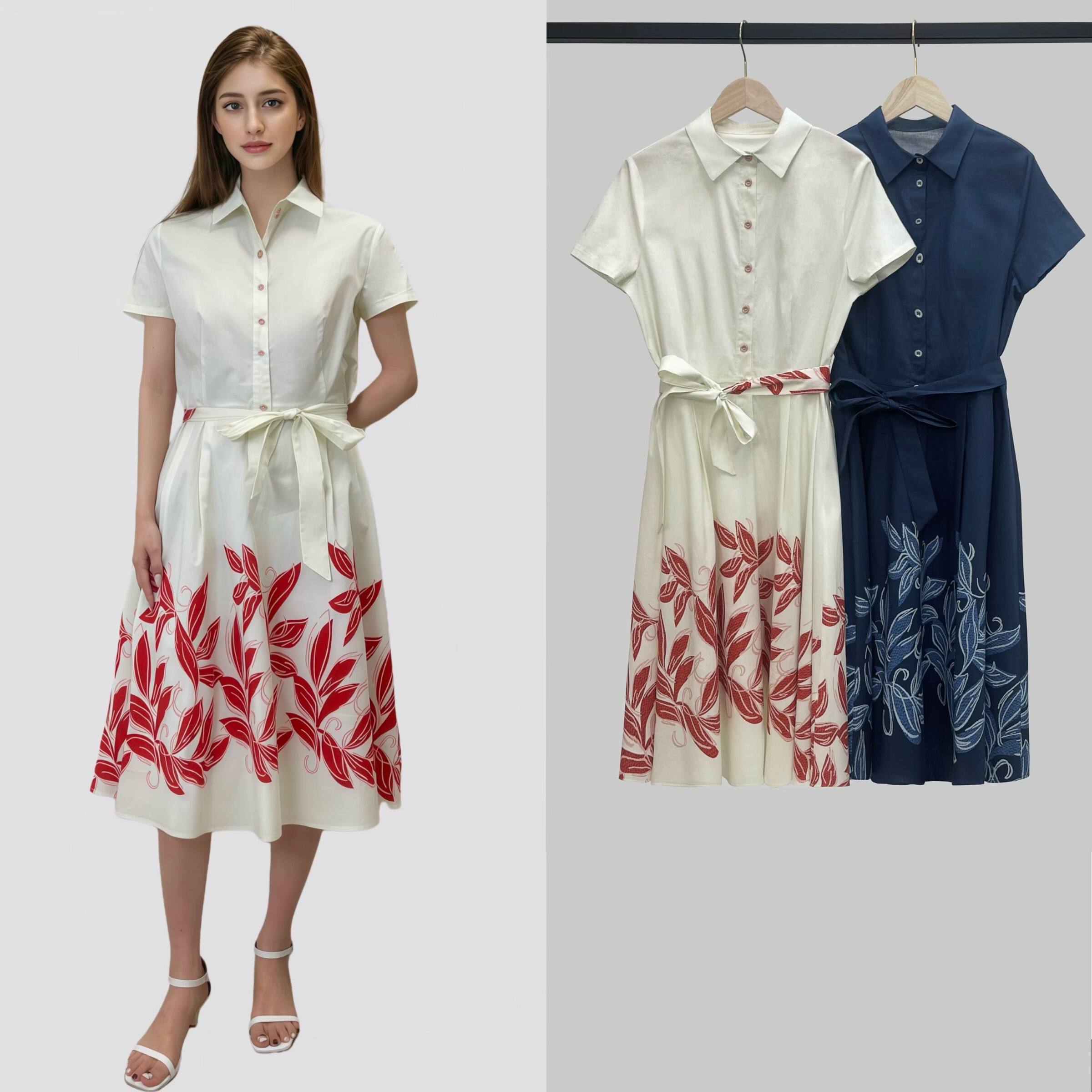 Wholesaler Sweet Miss - Cotton dress printed foliage with shirt collar and fabric belt