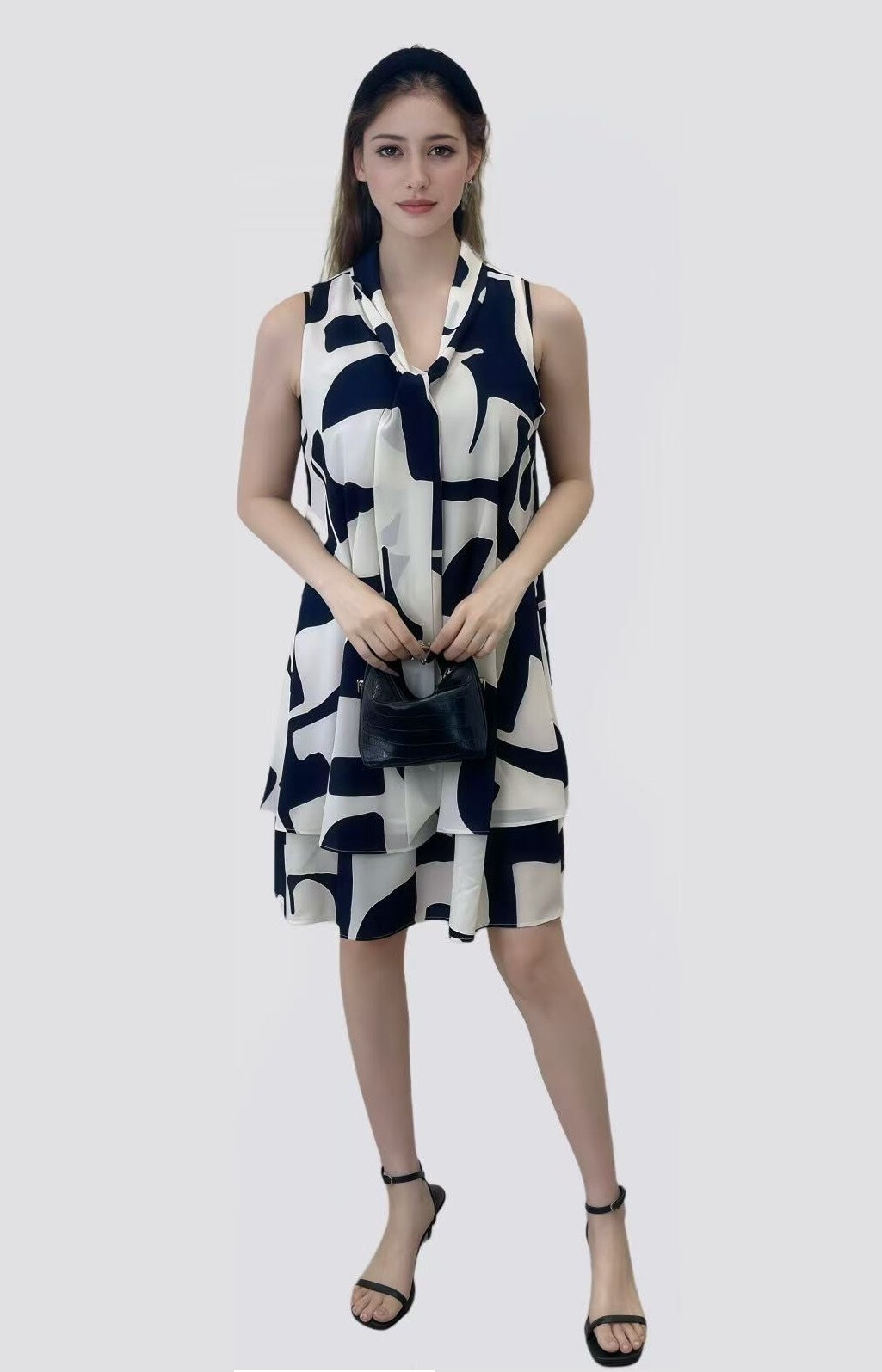 Wholesaler Sweet Miss - Light muslin dress with abstract print with lining and a tie collar
