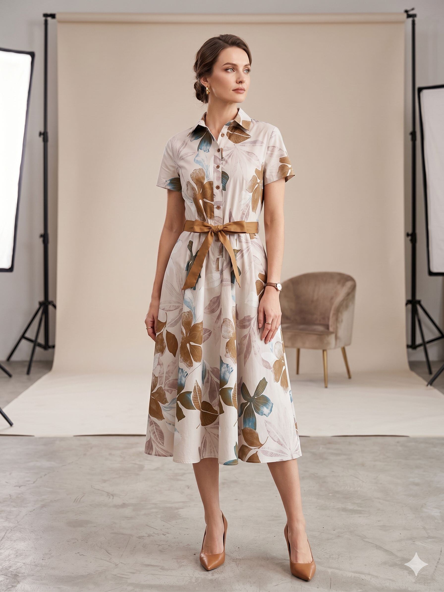 Wholesaler Sweet Miss - Elegant mid-length shirt dress with floral print and belt