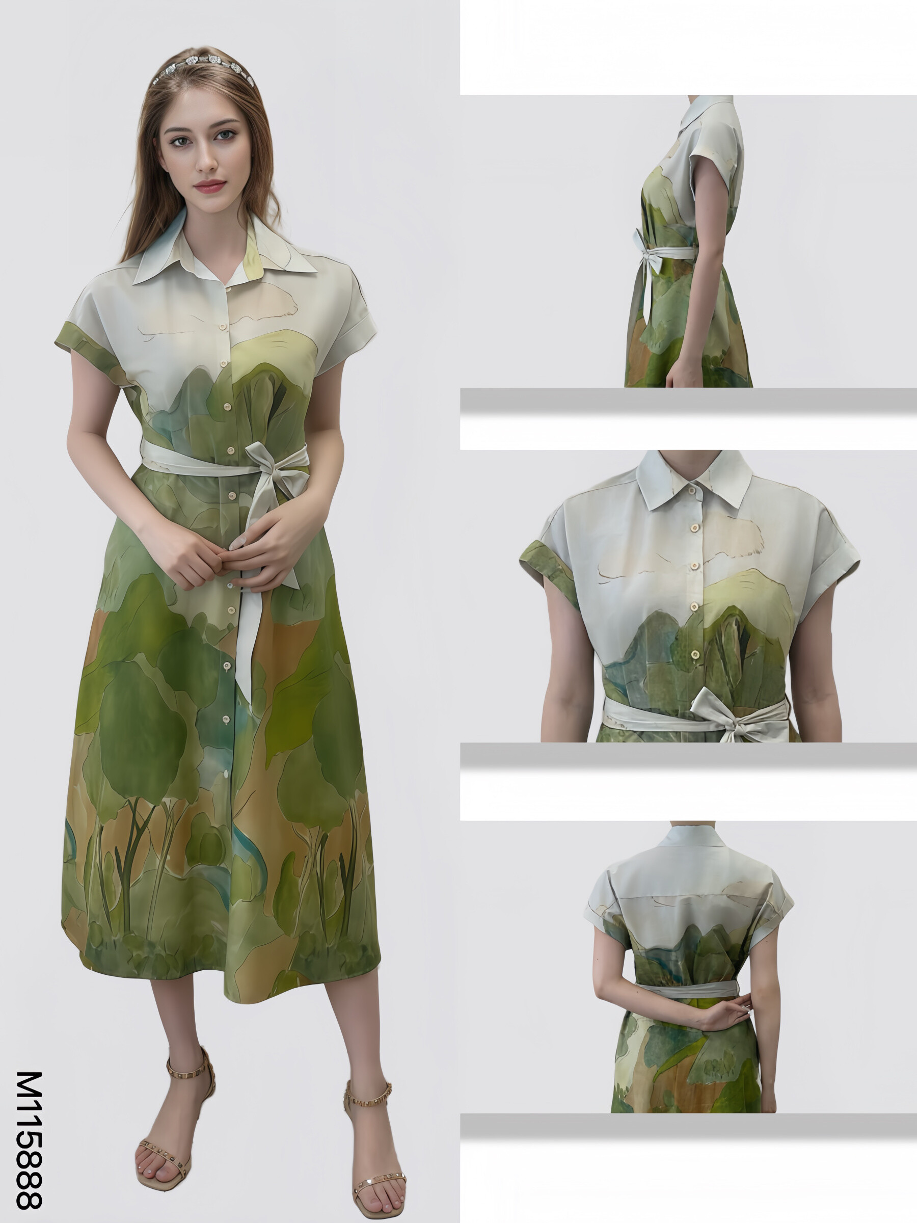 Wholesaler Sweet Miss - Forest printed cotton shirt with fabric belt