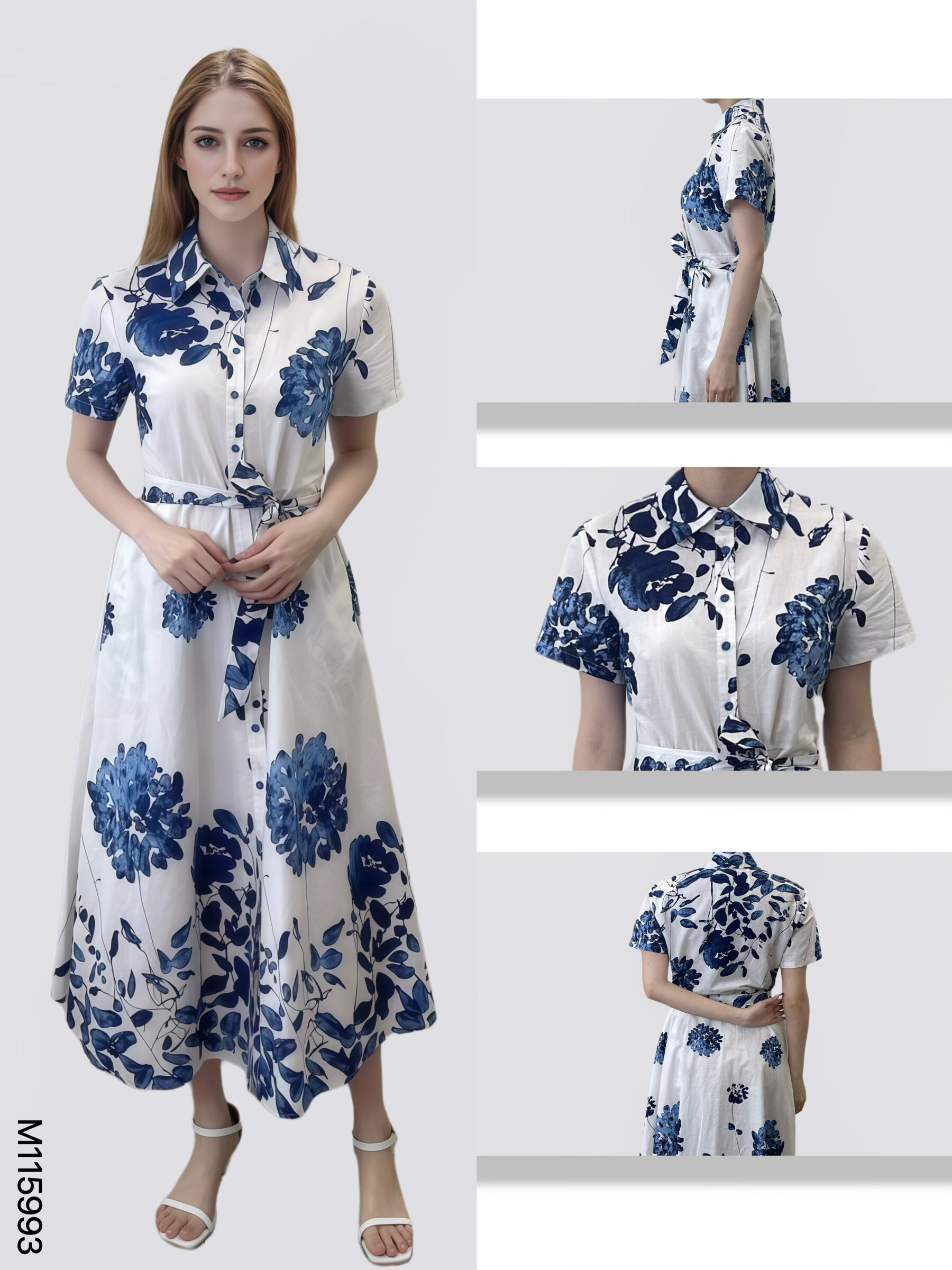 Wholesaler Sweet Miss - Flower print cotton shirt with pockets and fabric belt
