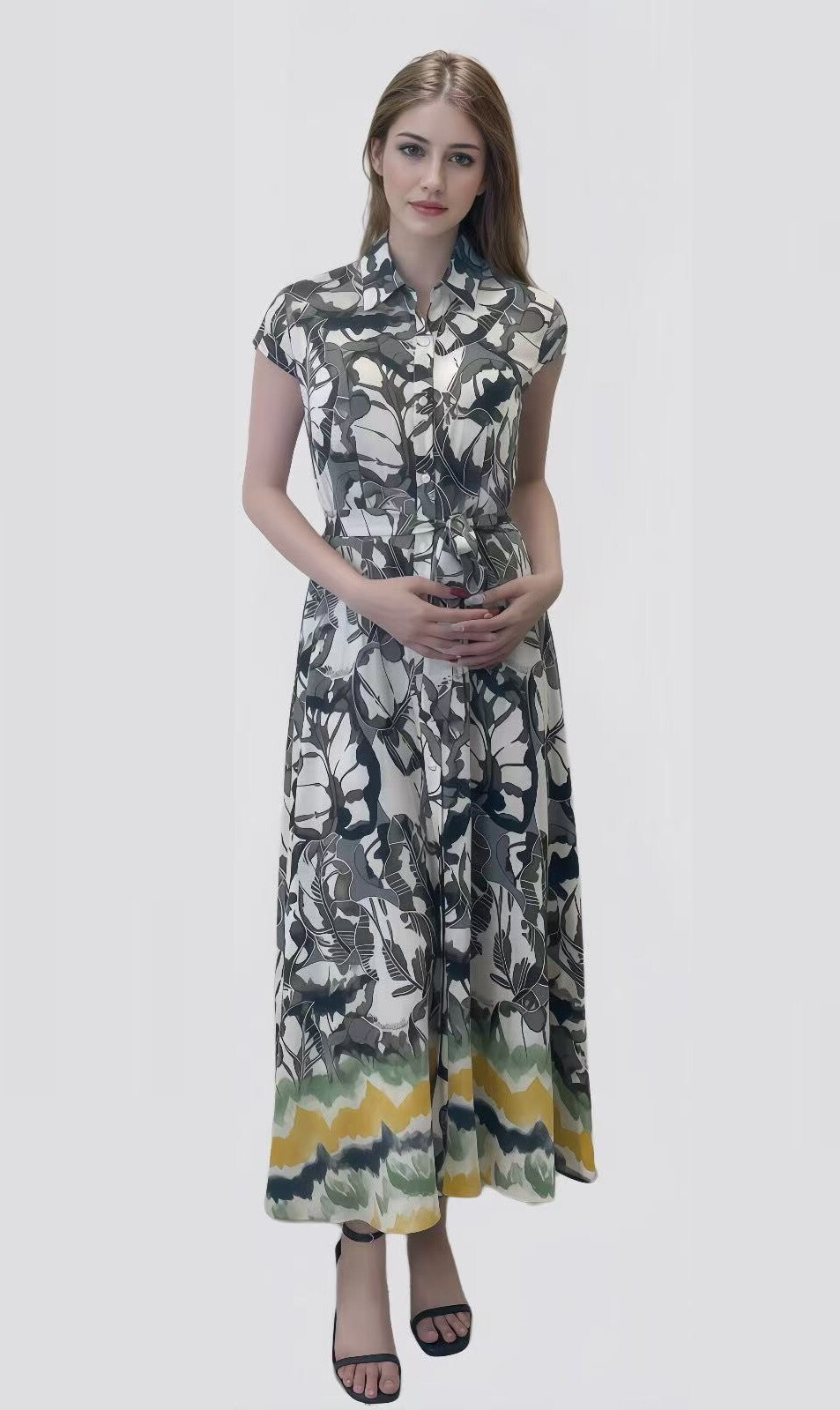Wholesaler Sweet Miss - Printed shirt dress foliage with fabric belt