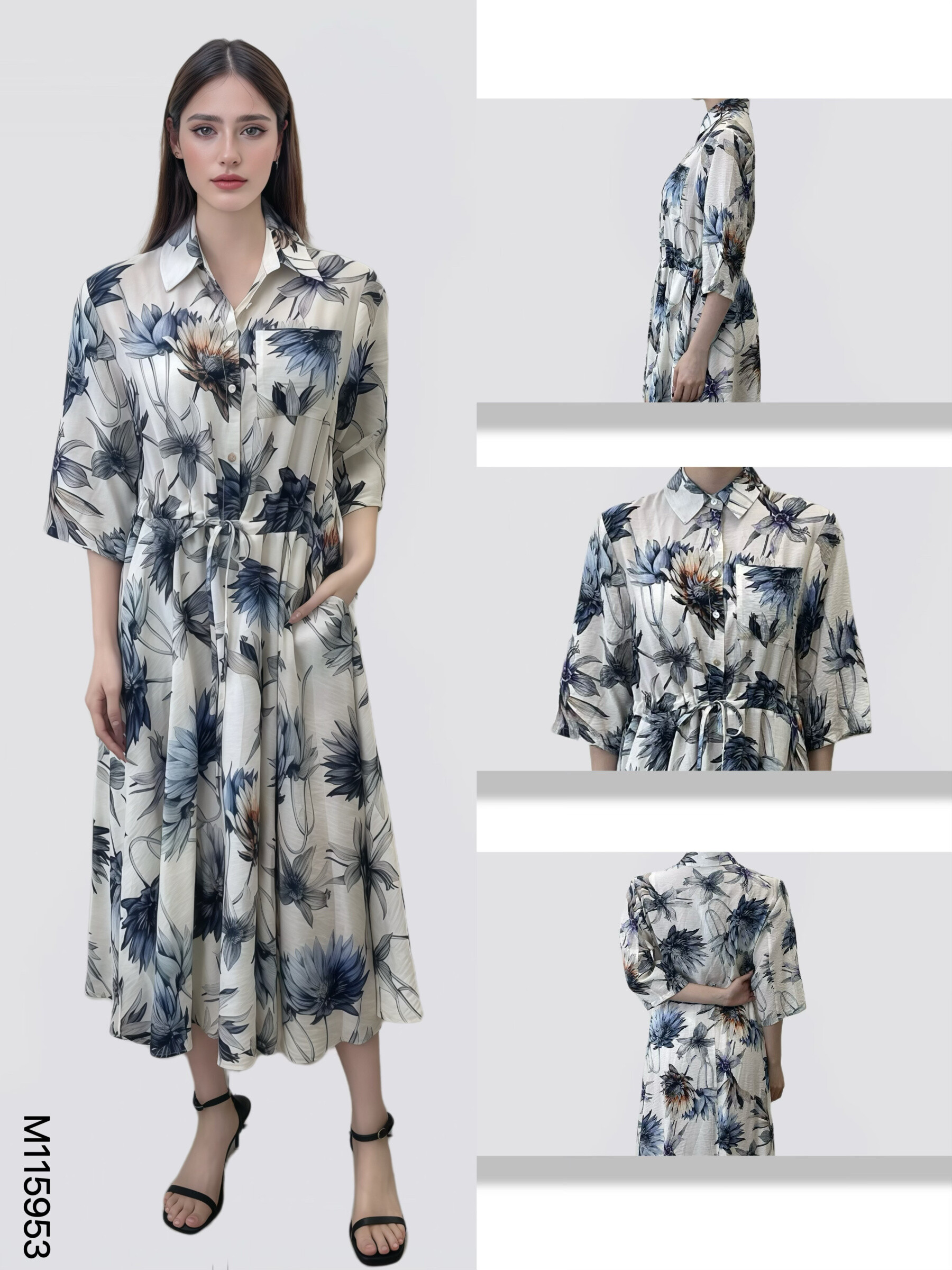 Wholesaler Sweet Miss - Flower printed shirt dress with adjustable pockets and tag