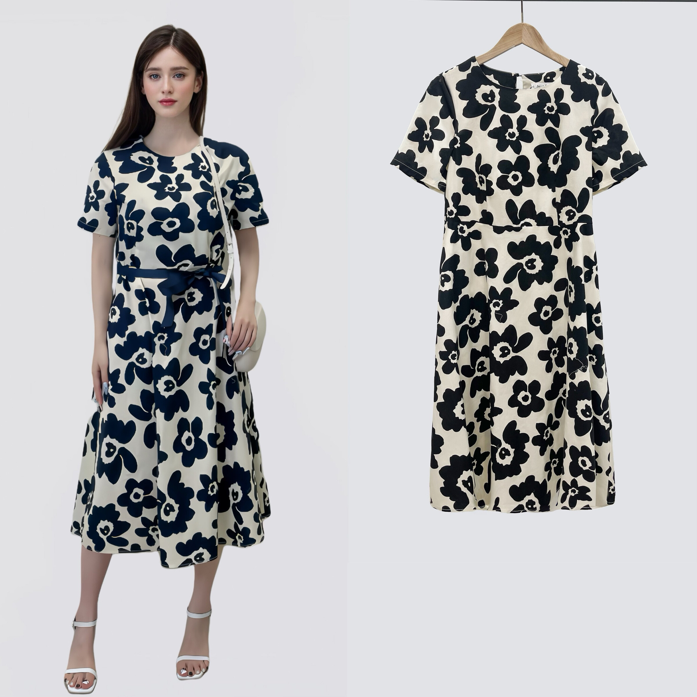 Wholesaler Sweet Miss - Cotton dress printed flower with pockets and fabric belt