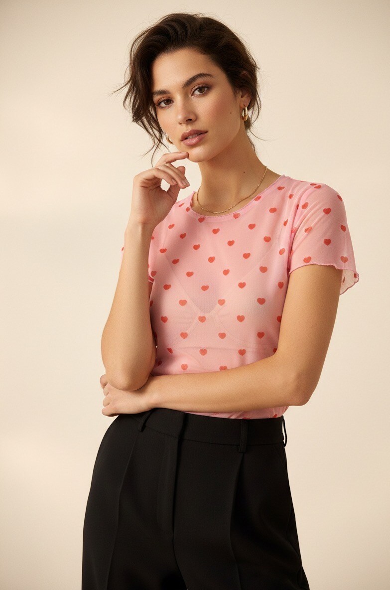 Wholesaler Sweetissima - Pink mesh T-shirt with heart print and double-layer mesh design on the front