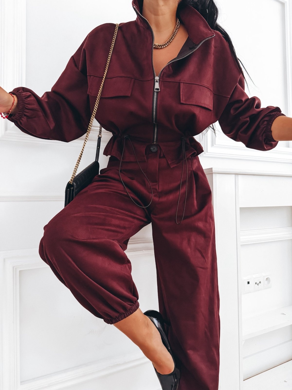 Casual suede-effect set with zip-up jacket, drawstring waist, and ...