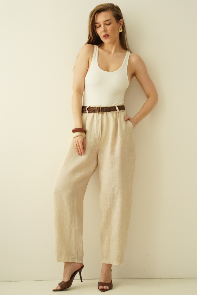Wholesaler Sweetissima - 100% Linen Pants, with pockets and belt