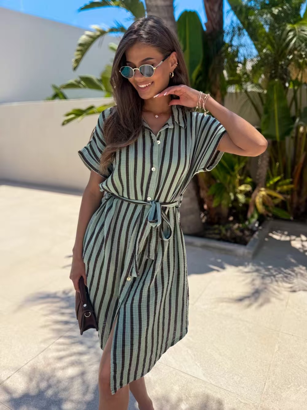 Grossiste Sweetissima - Robe chemise à rayures avec poches et ceinture