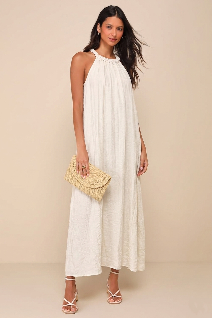 Wholesaler Sweetissima - Long dress with halter neckline, made from a viscose and linen blend.