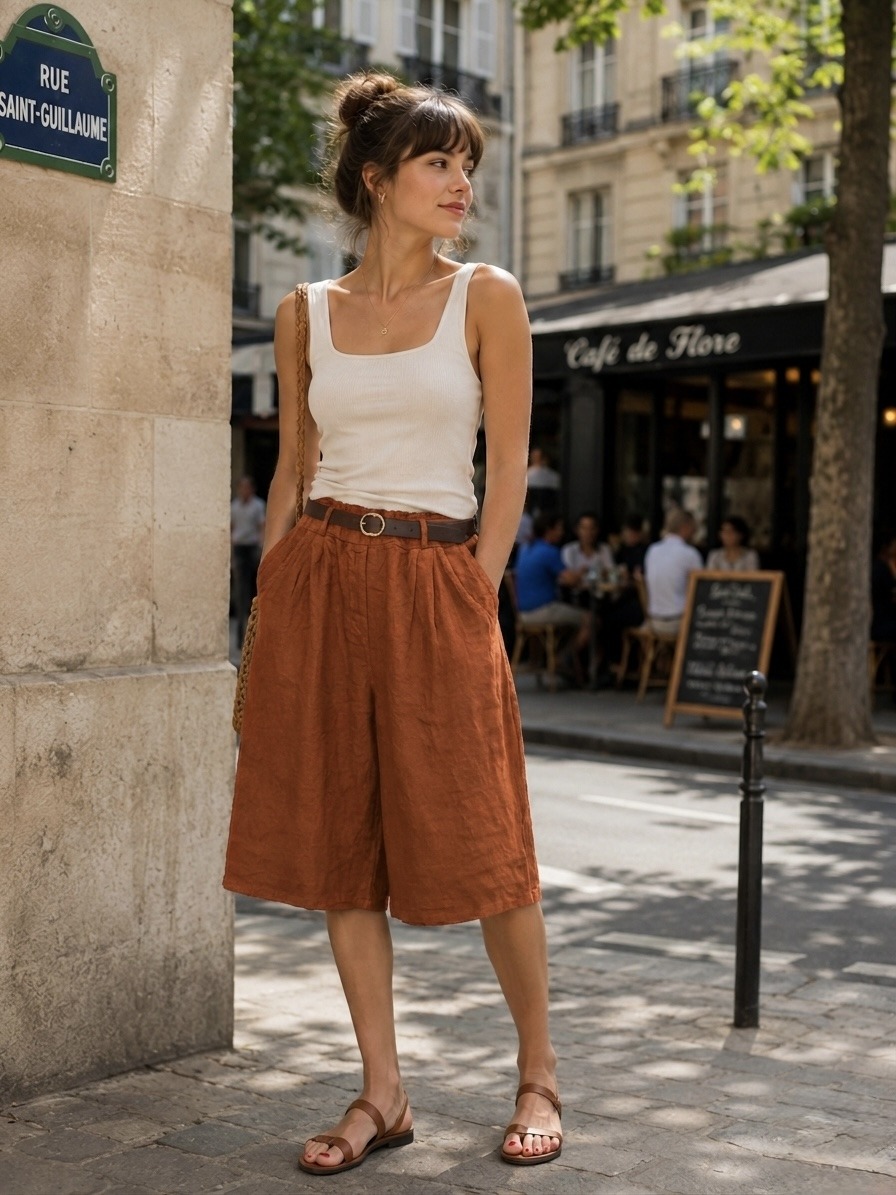 Wholesaler Sweetissima - 100% linen cropped pants, with pockets and belt