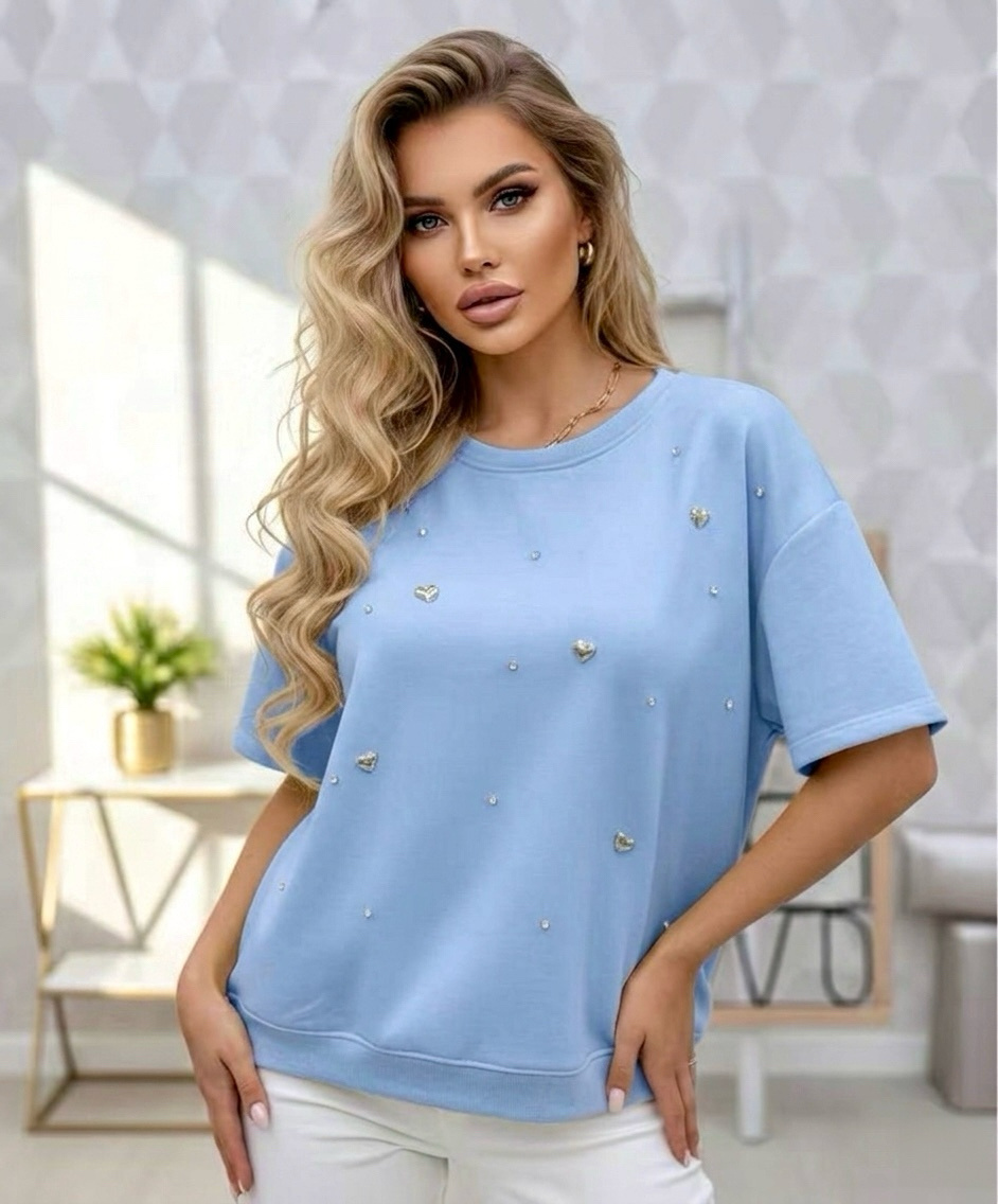Grossiste Sweetissima - Sweat-shirt ample à manches courtes avec cœur et strass