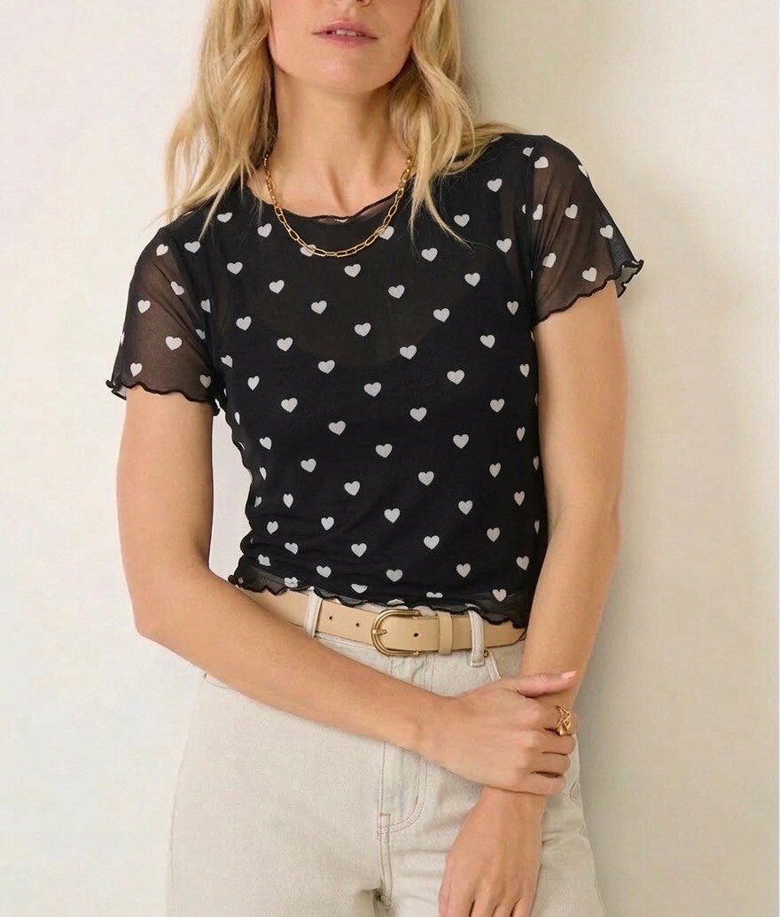 Grossiste Sweetissima - T-shirt à imprimé cœur en résille à double couche