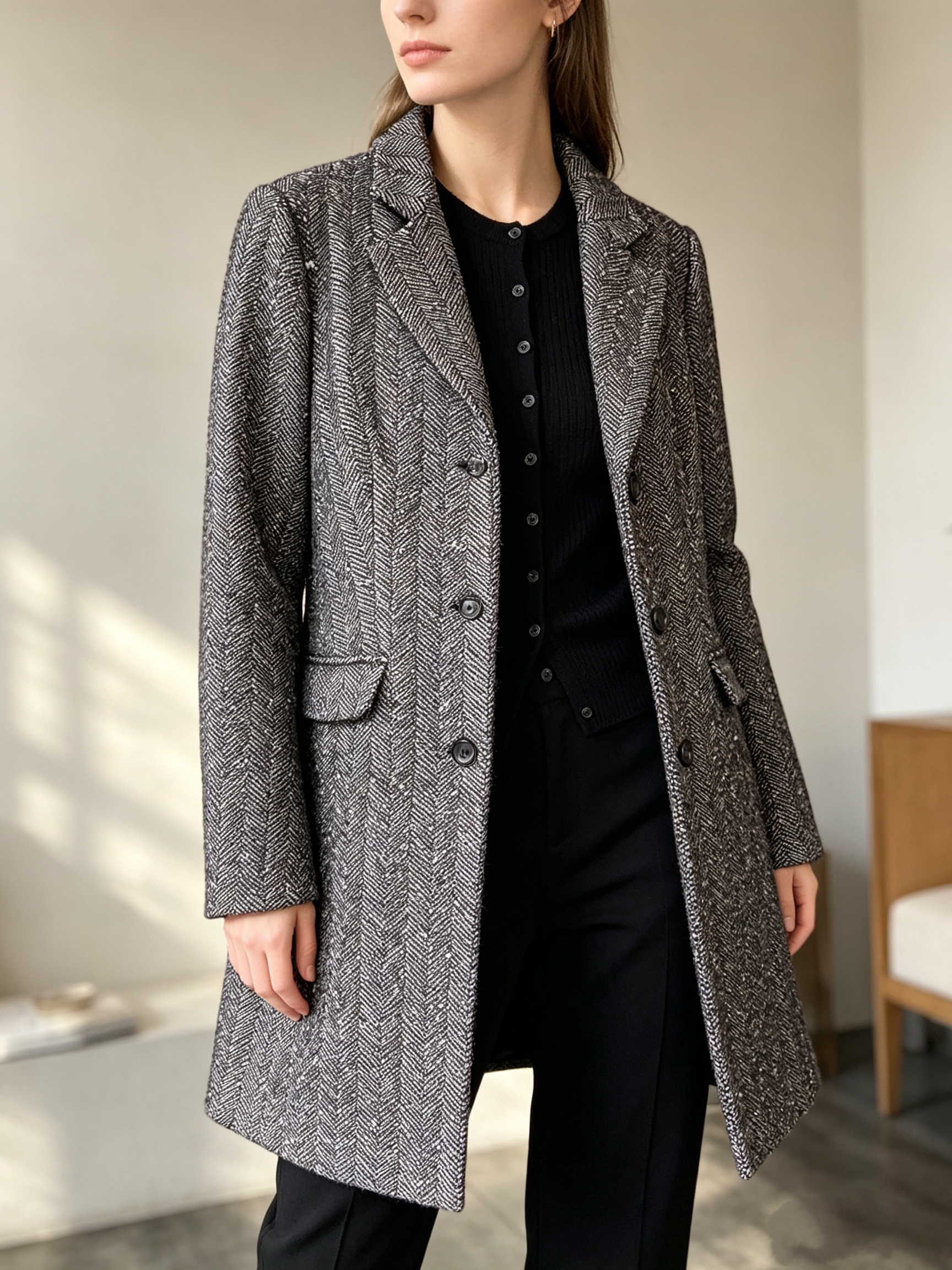 Wholesaler SweetMiss - Women's mid-length herringbone blazer, wool jacket, notched lapel, business casual style, autumn and winter coat, chic everyday wear