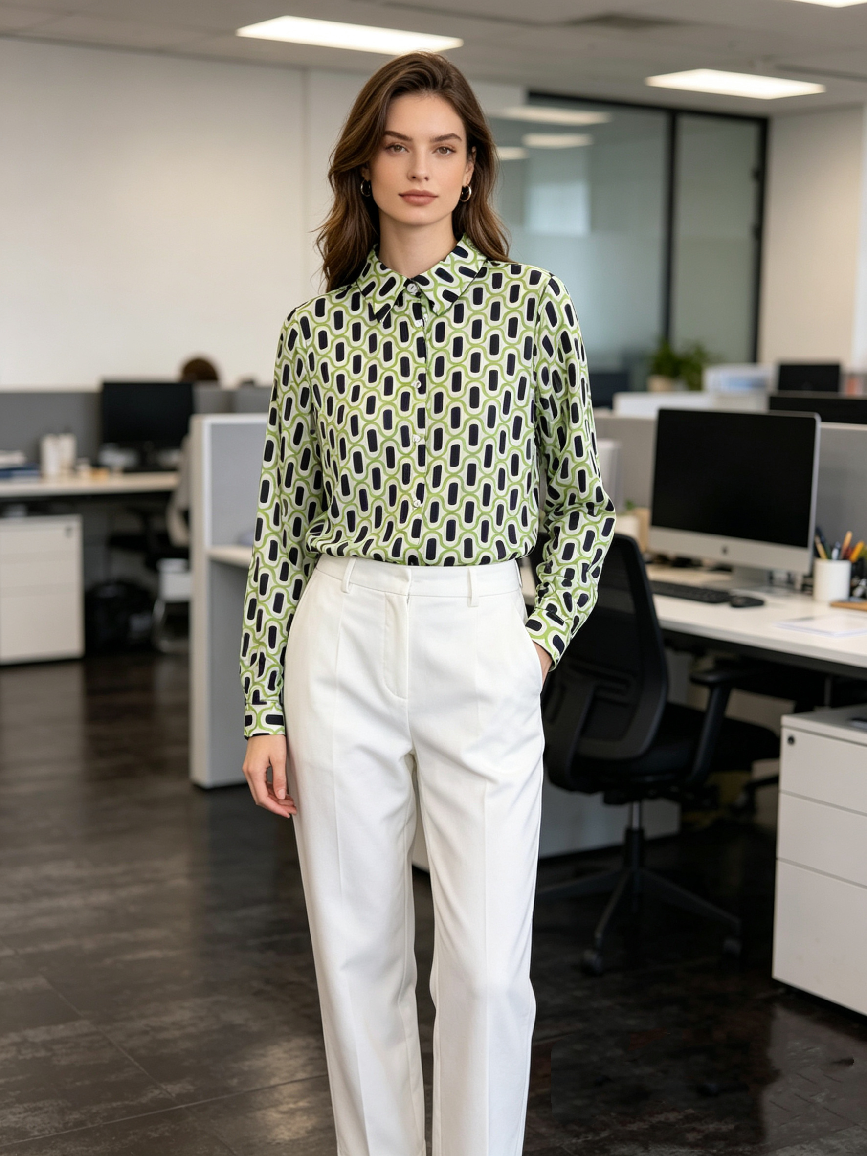 Mayorista SweetMiss - Camisa de mujer, blusa elegante, mangas largas, cuello clásico, tejido fluido, para la oficina, estilo business casual, estampado geométrico