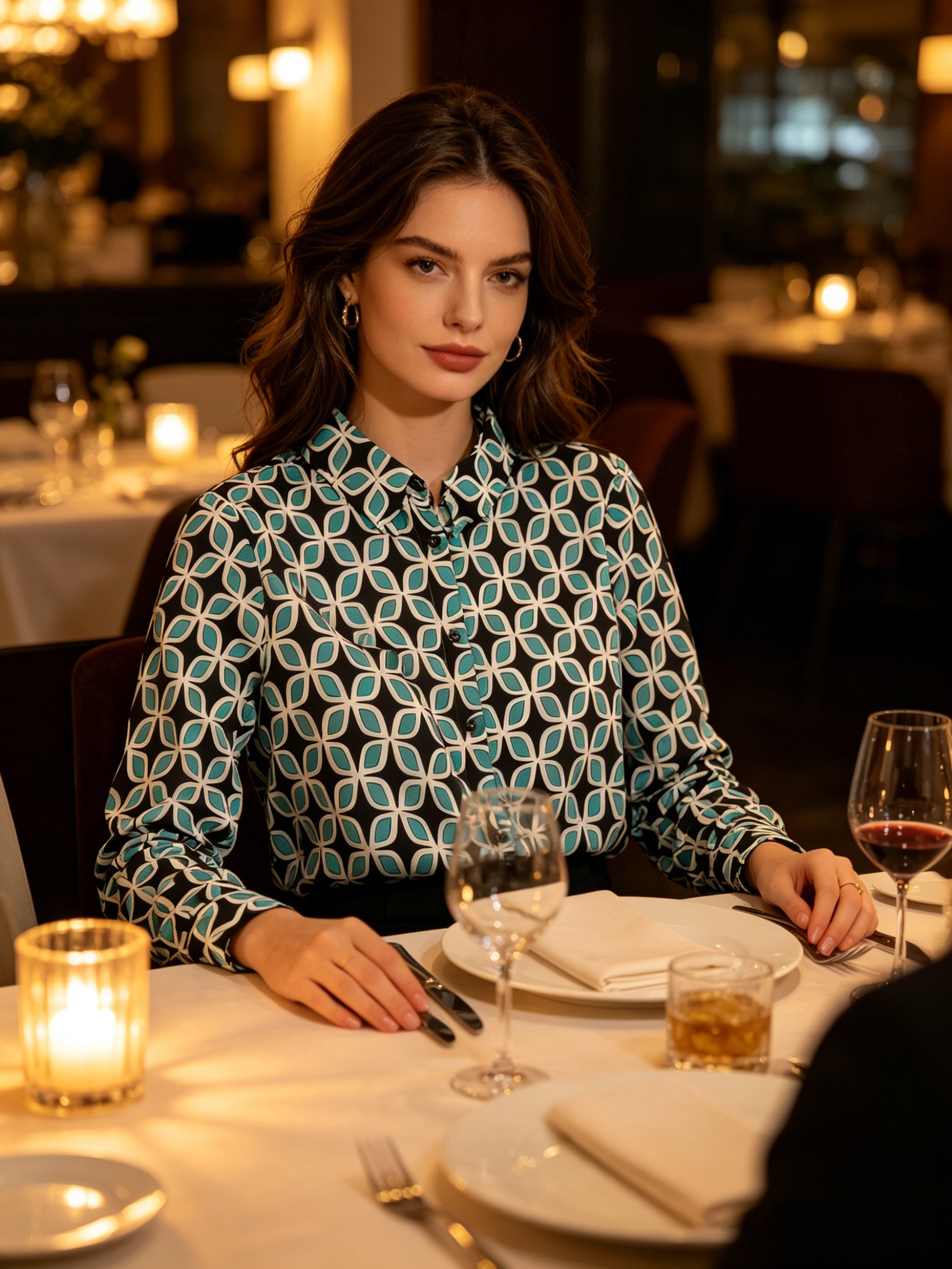 Mayorista SweetMiss - Camisa de mujer, mangas largas, geométrica turquesa, estampado vintage, business casual, camisa de oficina, tejido fluido y suave, satinado