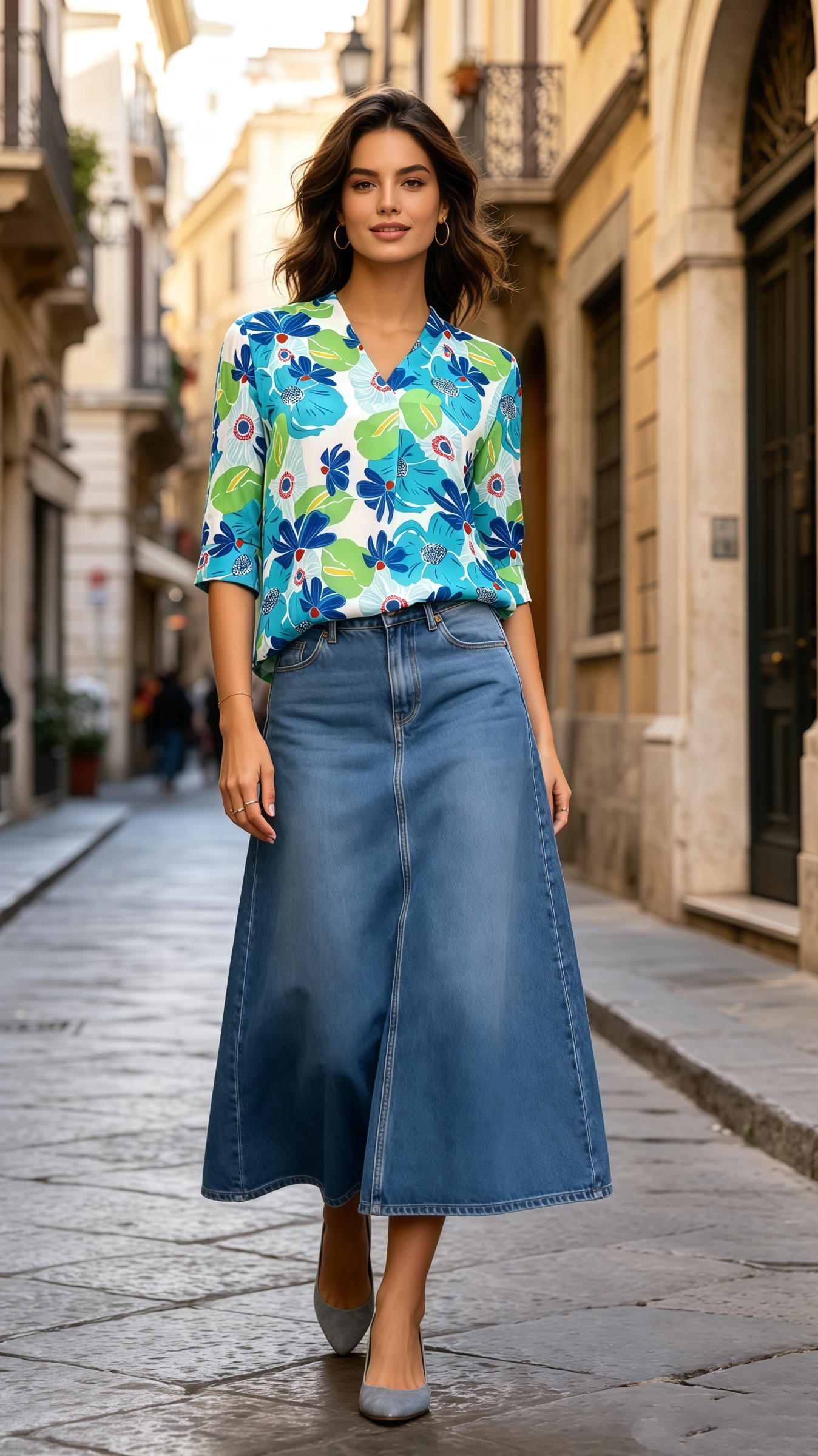 Mayorista SweetMiss - Blusa de mujer, Estampado floral, estampado tropical, mangas tres cuartos, cuello en V, tejido ligero y fluido, primavera verano, estilo Boho-chic
