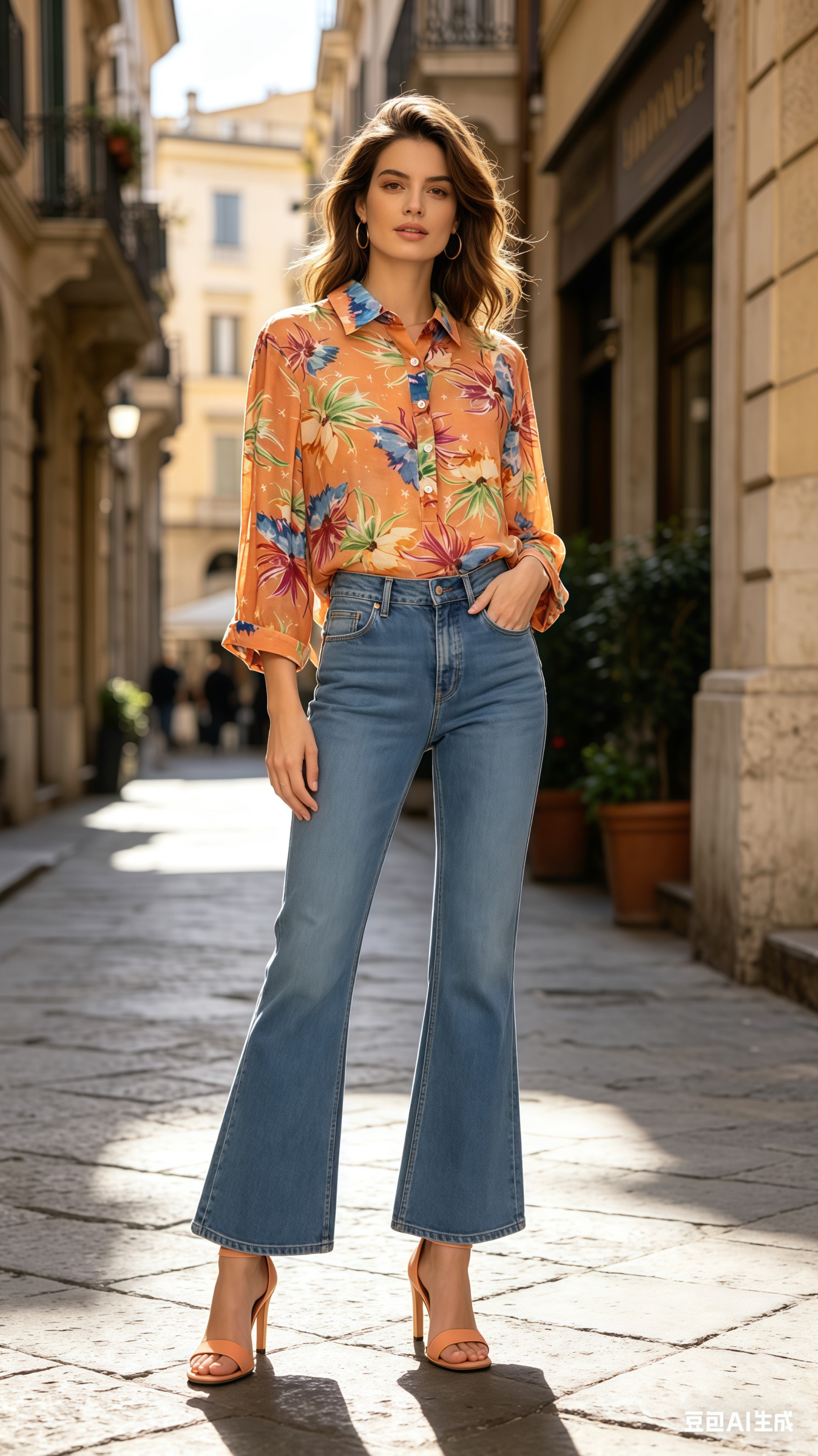 Mayorista SweetMiss - Camisa de mujer naranja, estampado floral, tejido ligero, ajuste casual, mangas tres cuartos, color fantasía, primavera verano, tropical.