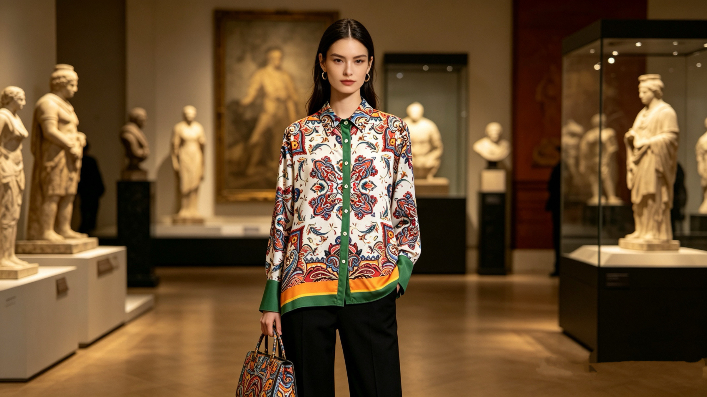 Wholesaler SweetMiss - Women's paisley print shirt, silky, ethnic pattern, baroque, elegant casual luxury, vintage chic, fluid shiny satin fabric, loose