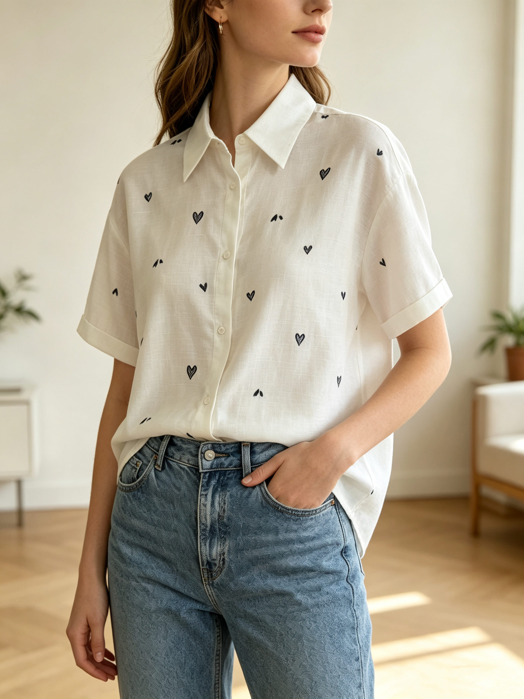 Grossista SweetMiss - Camicia maniche corte con ricami cuori, camicia con colletto,chiusura a bottoni singoli,tessuto cotone lavato traspirante, design ricamo esclusivo.