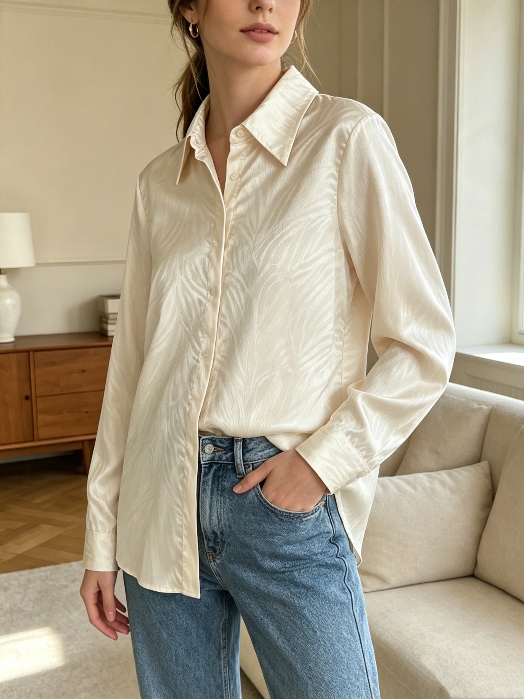 Wholesaler SweetMiss - Shiny women's shirt, fine striped fabric, pointed collar, oversized model, satin effect, elegant minimalist style, loose fit