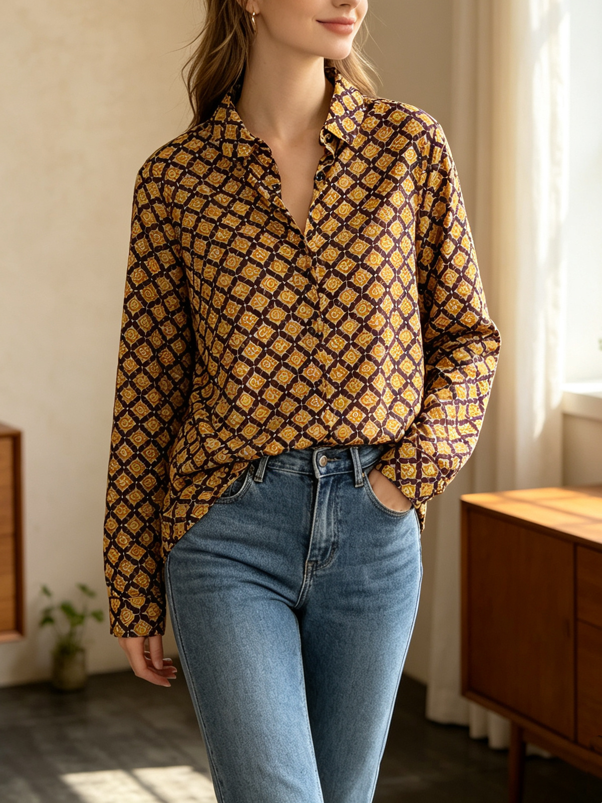Wholesaler SweetMiss - Women's shirt with geometric print, vintage diamond pattern, yellow-brown hue, loose comfortable fit, fluid fabric