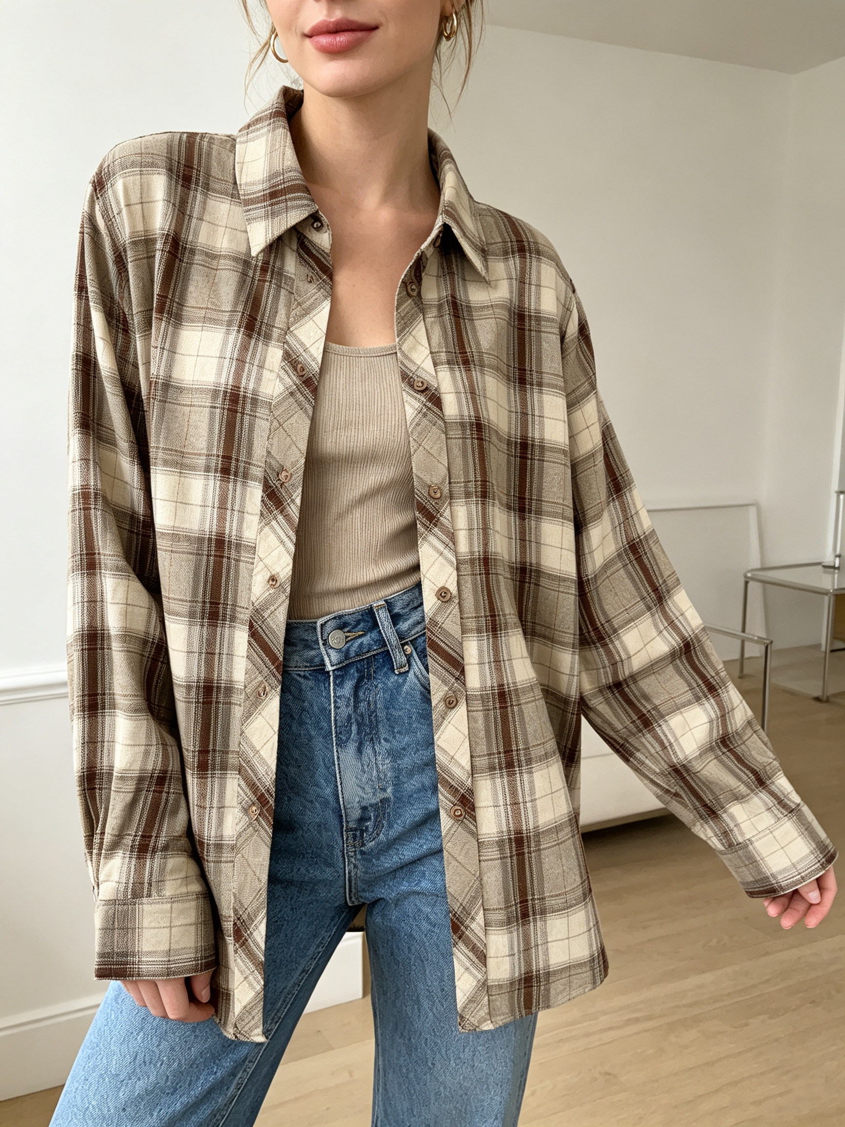 Wholesaler SweetMiss - Plaid shirt, oversized fit, classic collar, brown-beige check pattern, flannel shirt, open shirt to wear over.