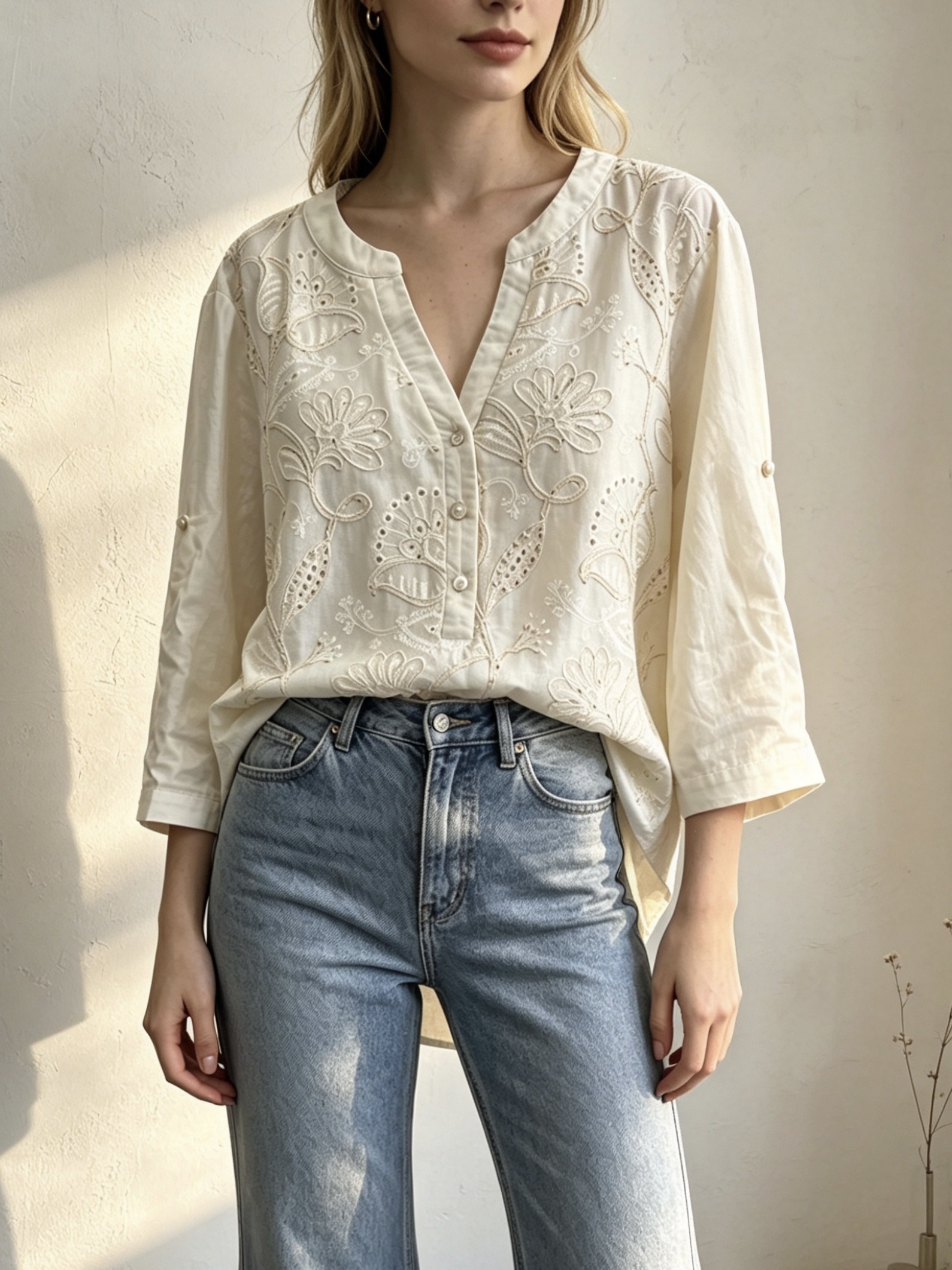 Wholesaler SweetMiss - Floral embroidered shirt, cream/ivory color, small V-neck, adjustable three-quarter sleeves, front buttons, openwork embroidery, retro French style