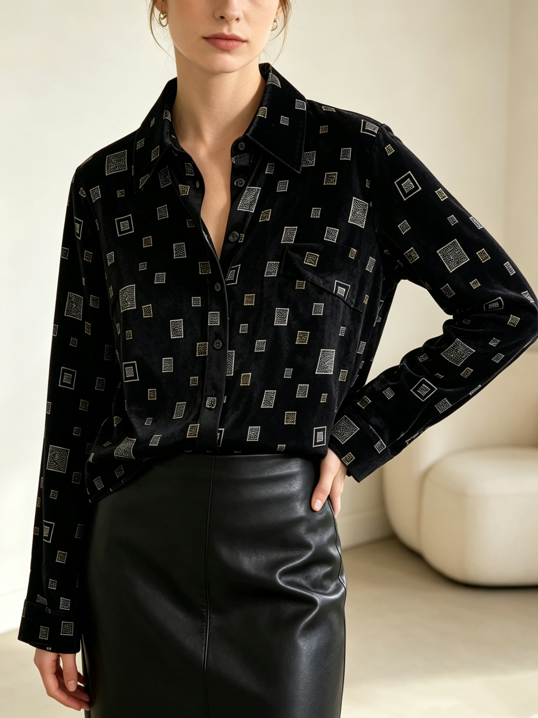 Wholesaler SweetMiss - Velvet shirt, hot-stamped geometric squares, gold-silver foil effect, shirt collar, elegant office style, autumn-winter