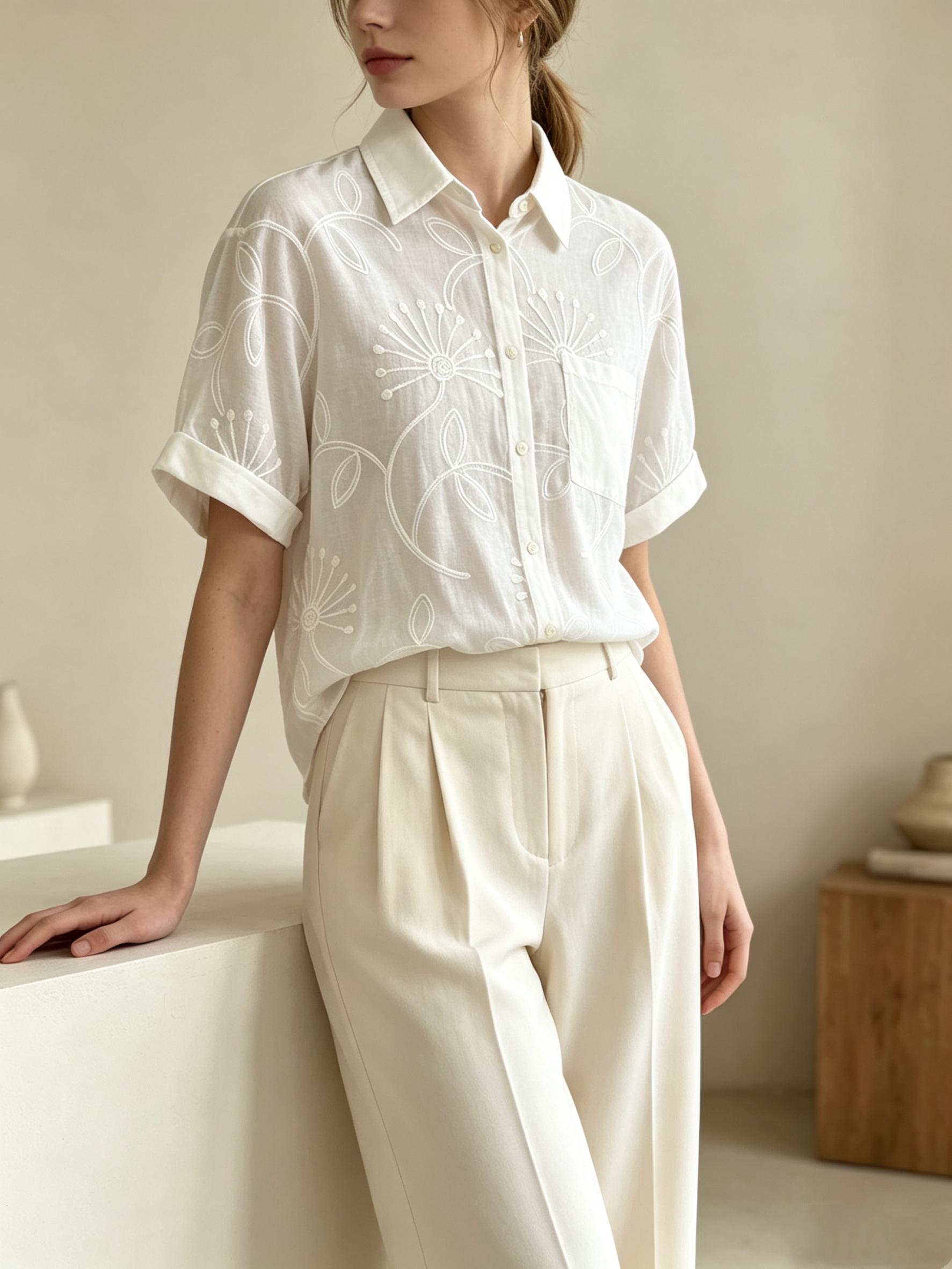 Wholesaler SweetMiss - White embroidered solid shirt, classic collar, rolled short sleeves, single chest pocket, loose fit without clinging, delicate.