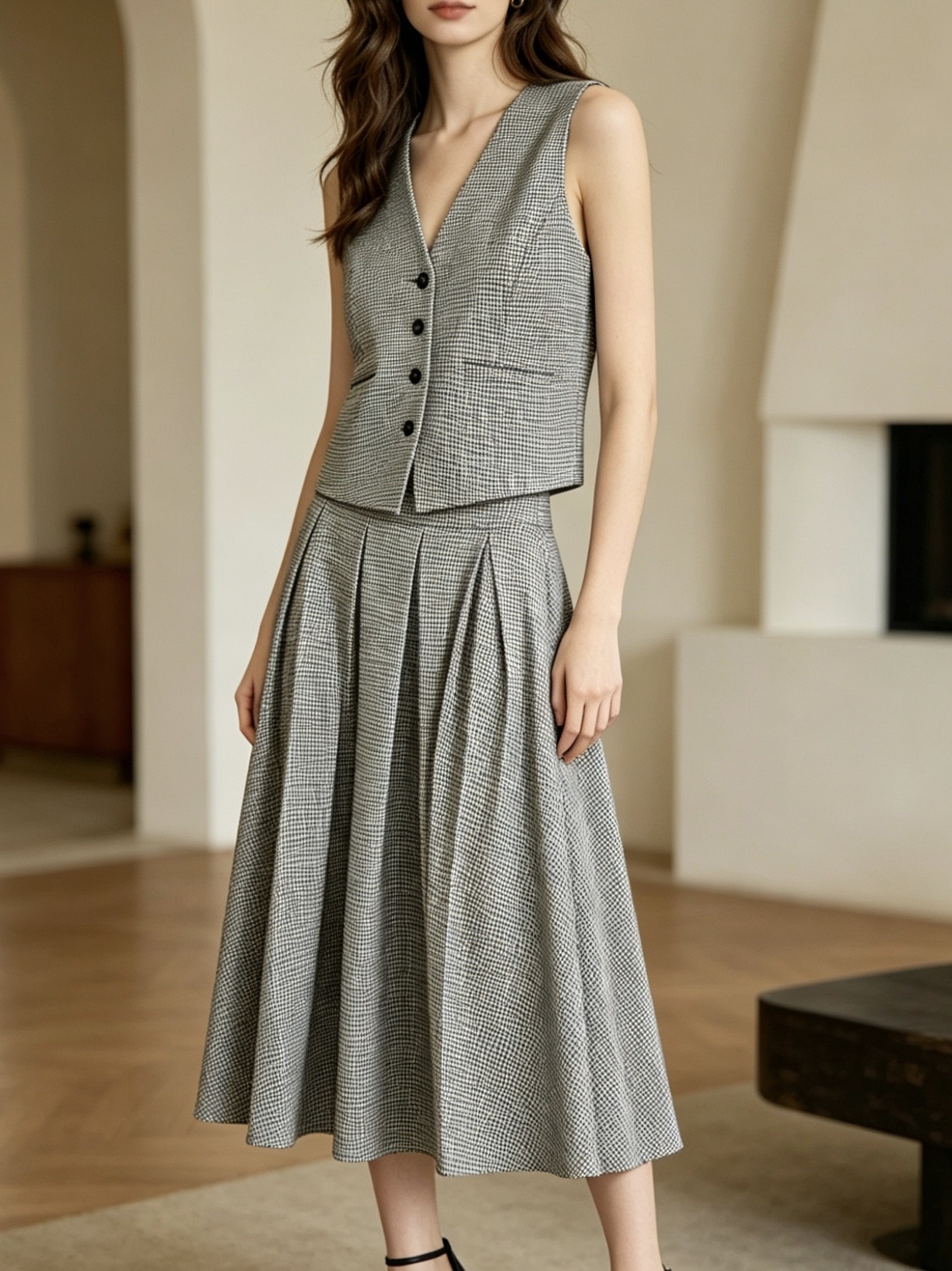 Grossiste SweetMiss - Ensemble à rayures, ensemble gilet et jupe, tenue formelle deux pièces, coordonné élégant, gilet sans manches, gilet col en V, gilet à boutons devant
