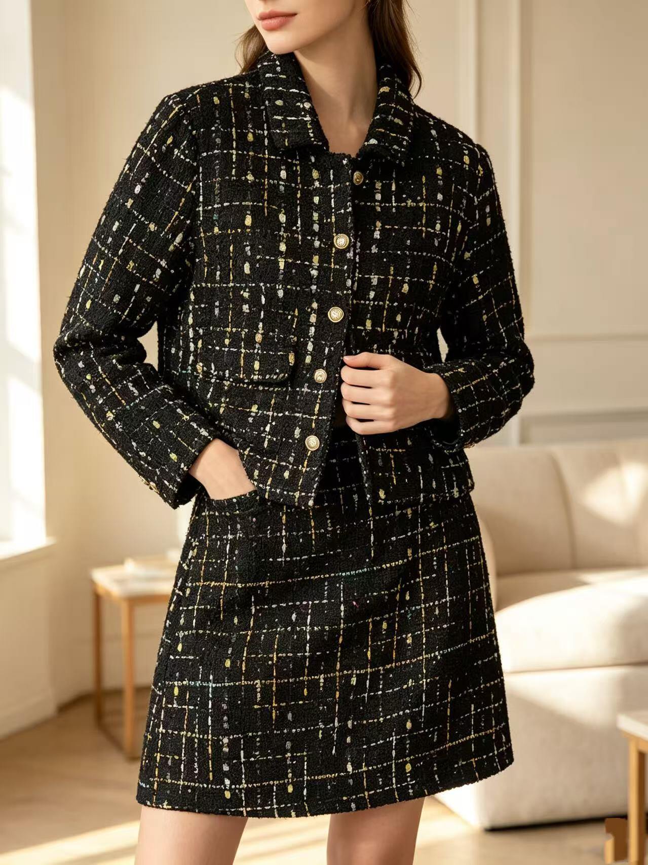 Wholesaler SweetMiss - Chanel-style tweed set, short plaid jacket, straight mini skirt, black tweed fabric with golden threads, golden metallic buttons, elegant outfit
