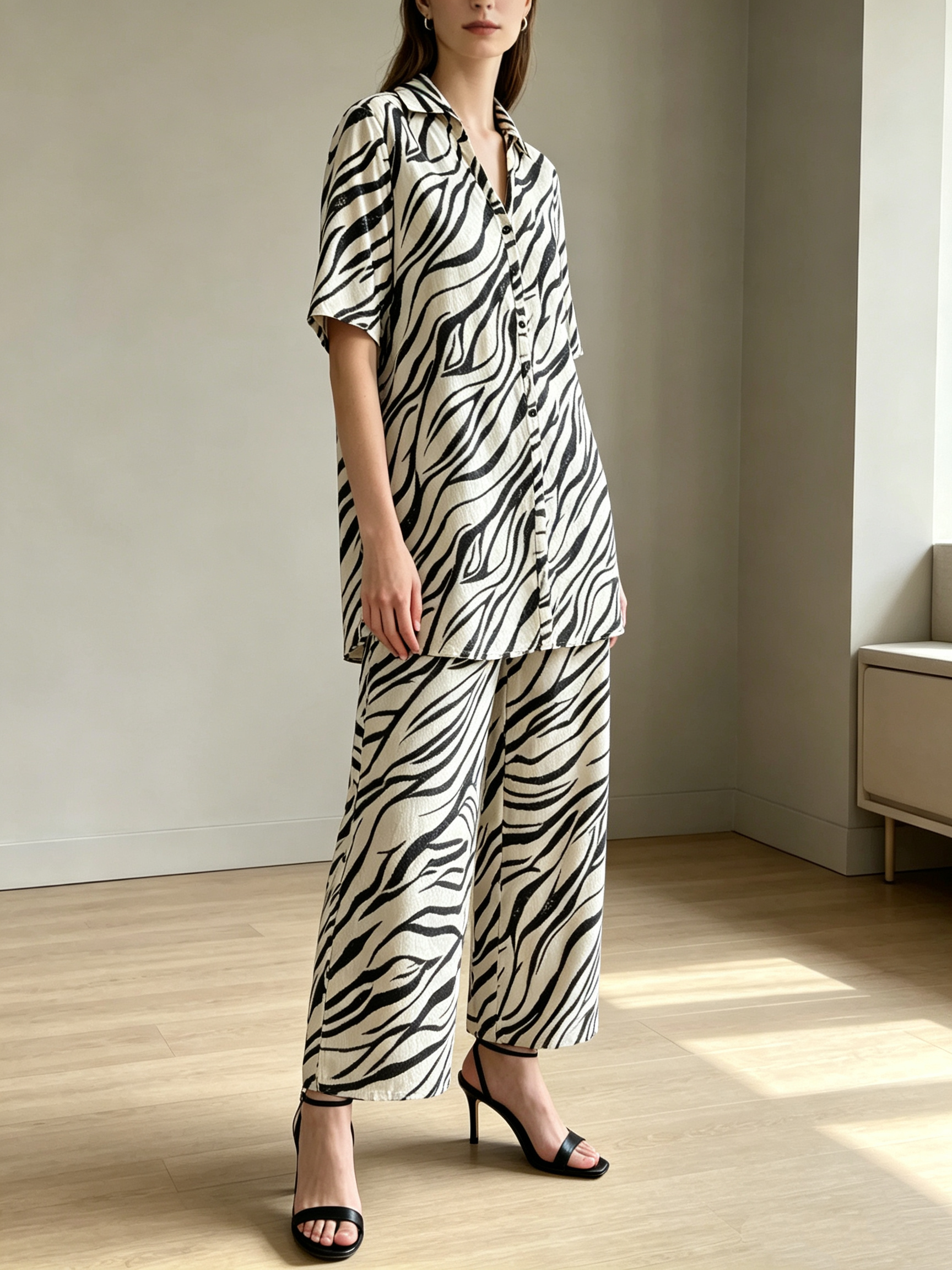 Grossista SweetMiss - Completo a due pezzi con stampa zebra maniche corte,completo camicia con colletto e pantaloni a gamba larga,camicia ampia a perta,tessuto fluido.