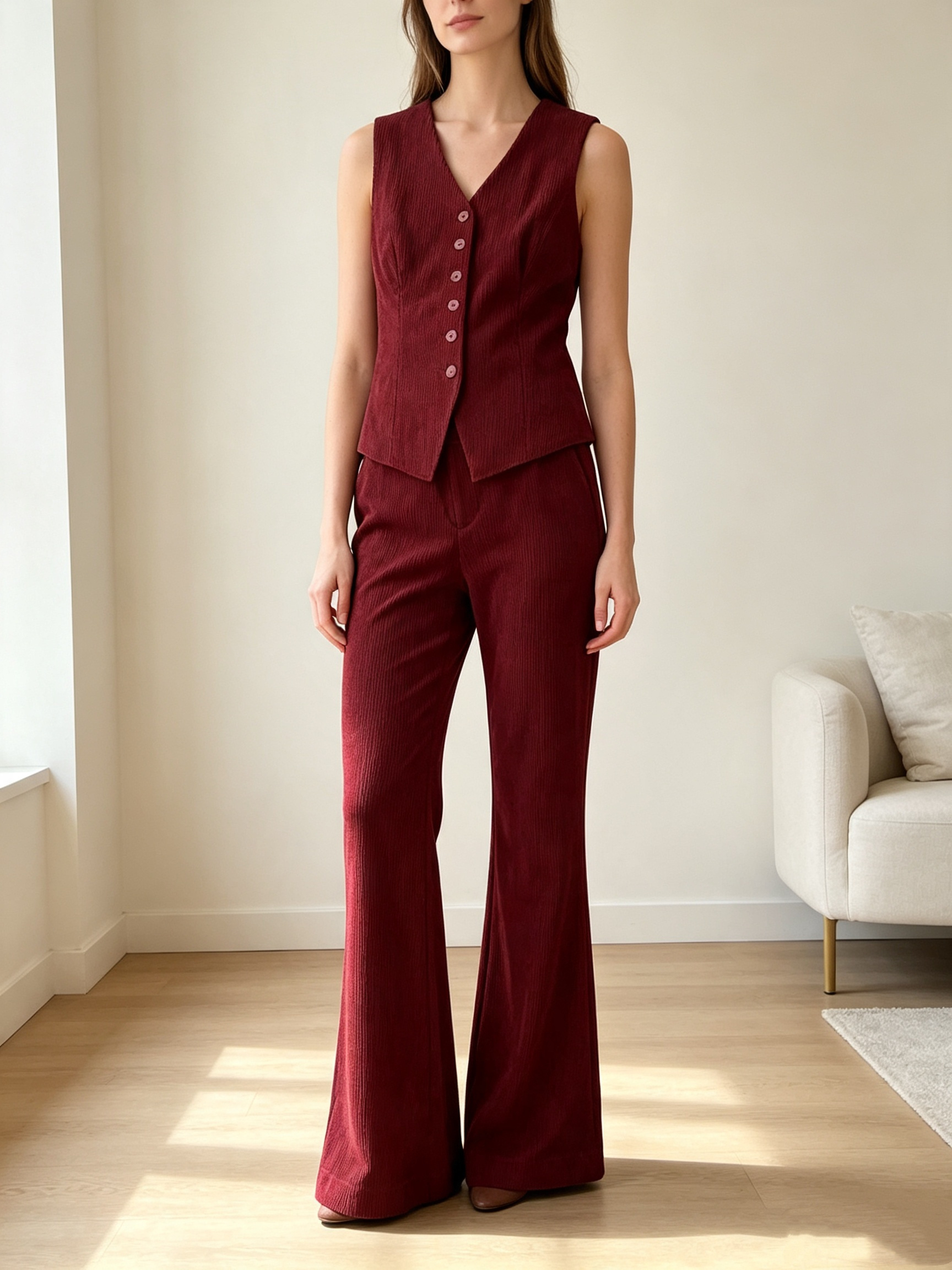 Wholesaler SweetMiss - Vest and pants set, sleeveless V-neck vest, front button closure, shaping waist, flared pants, ribbed fabric
