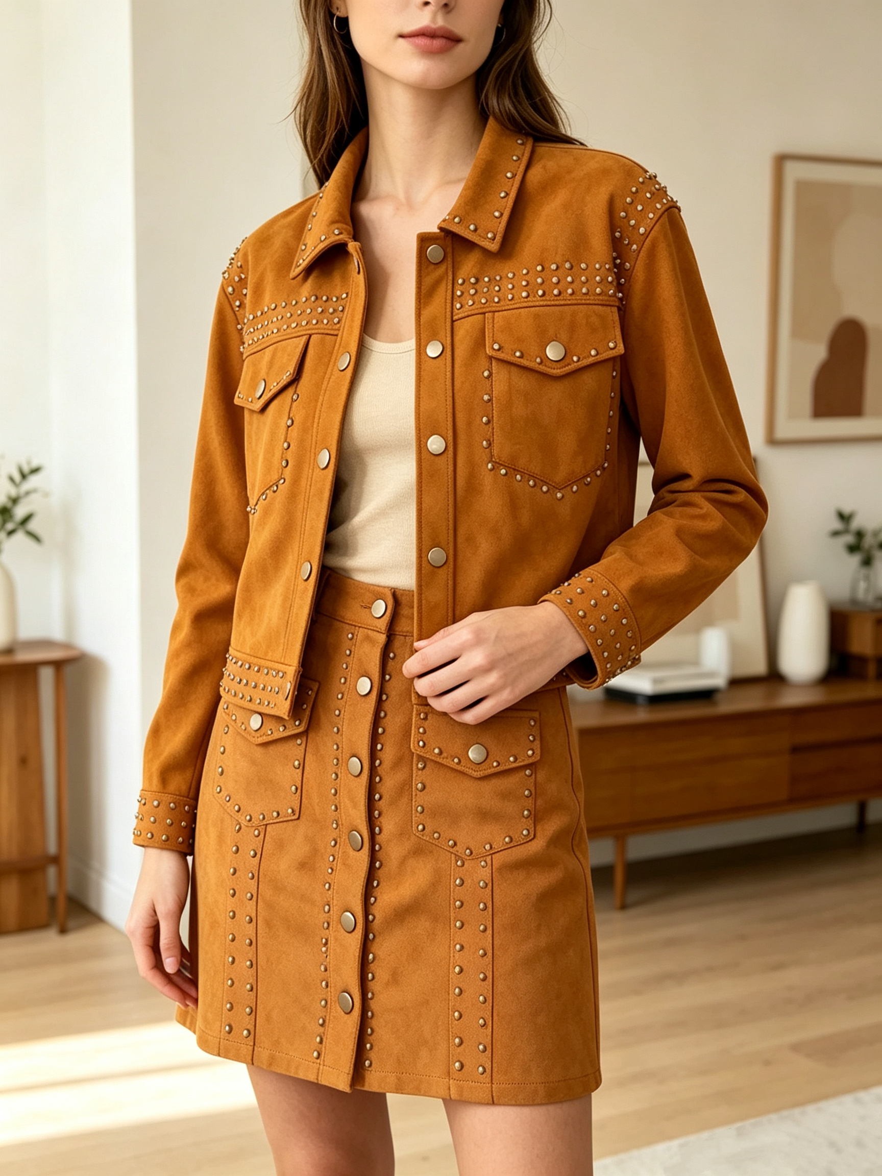 Grossiste SweetMiss - Veste et jupe assorties avec clous, effet suédine, détails cloutés, fermeture à boutons métalliques, style western bohème, jupe mini à boutons devant