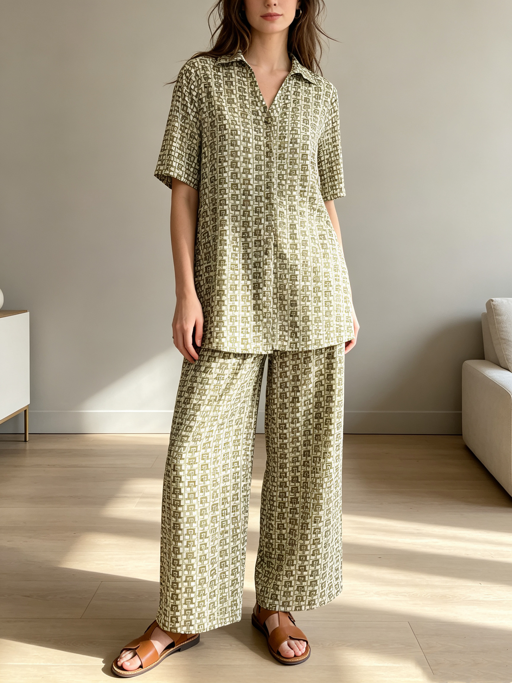 Großhändler SweetMiss - Damen Zweiteiler, Hemd + weite Hose, bedrucktes Set, Hemd mit Kragen, kurze Ärmel, Knopfverschluss vorne, weite Beine.