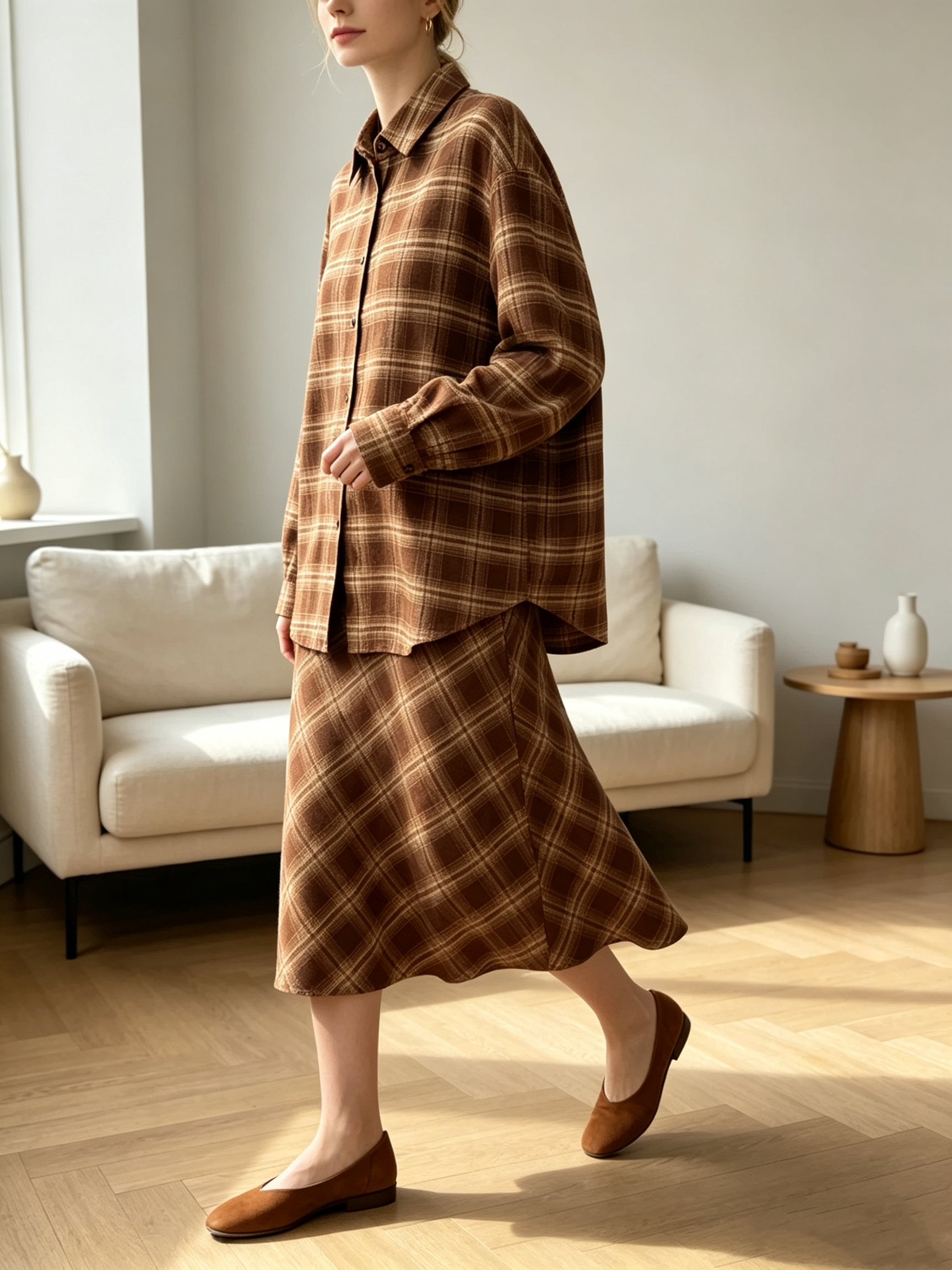 Wholesaler SweetMiss - Two-piece plaid set, oversized long-sleeve plaid shirt, flared midi plaid skirt, soft flannel fabric, vintage plaid pattern