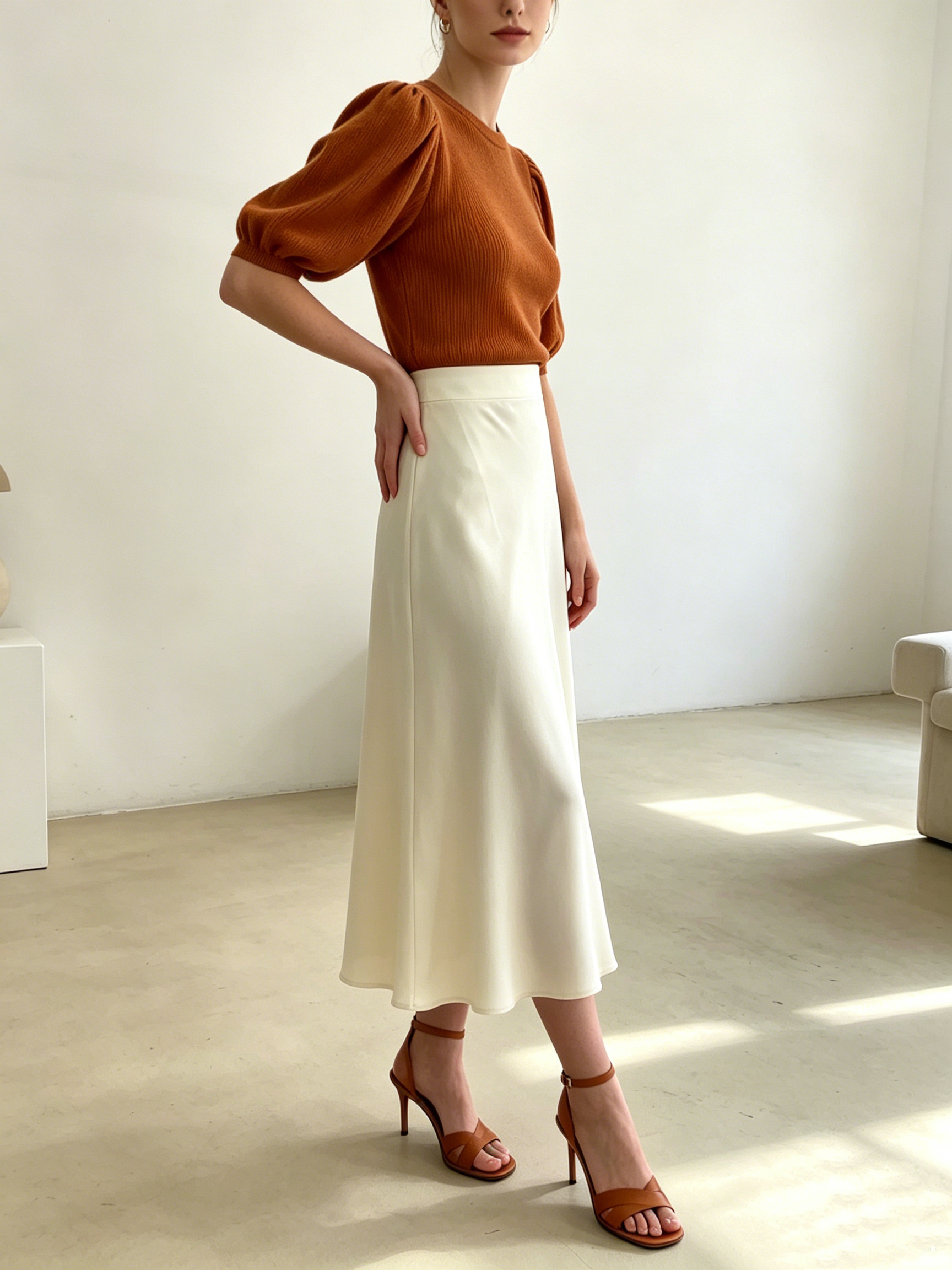 Wholesaler SweetMiss - Midi satin skirt with a flared A-line cut, high waist, fluid umbrella-style midi skirt, smooth satin with a straight hem, acetate satin fabric, wrinkle-resistant.