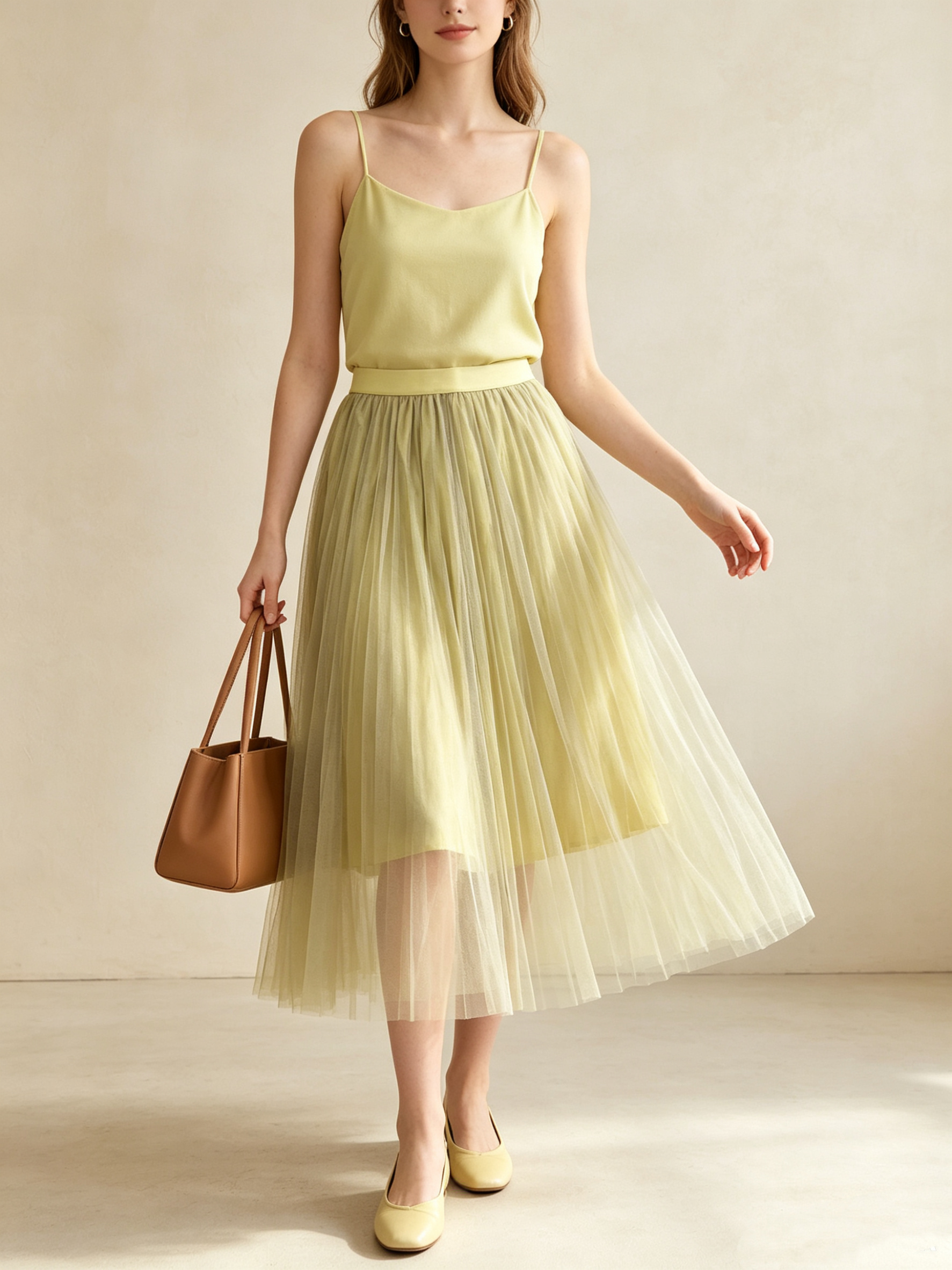 Grossiste SweetMiss - Jupe midi en tulle plissé, jupe taille haute, jupe évasée, jupe transparente avec doublure, tissu en tulle léger, plis plissés permanents